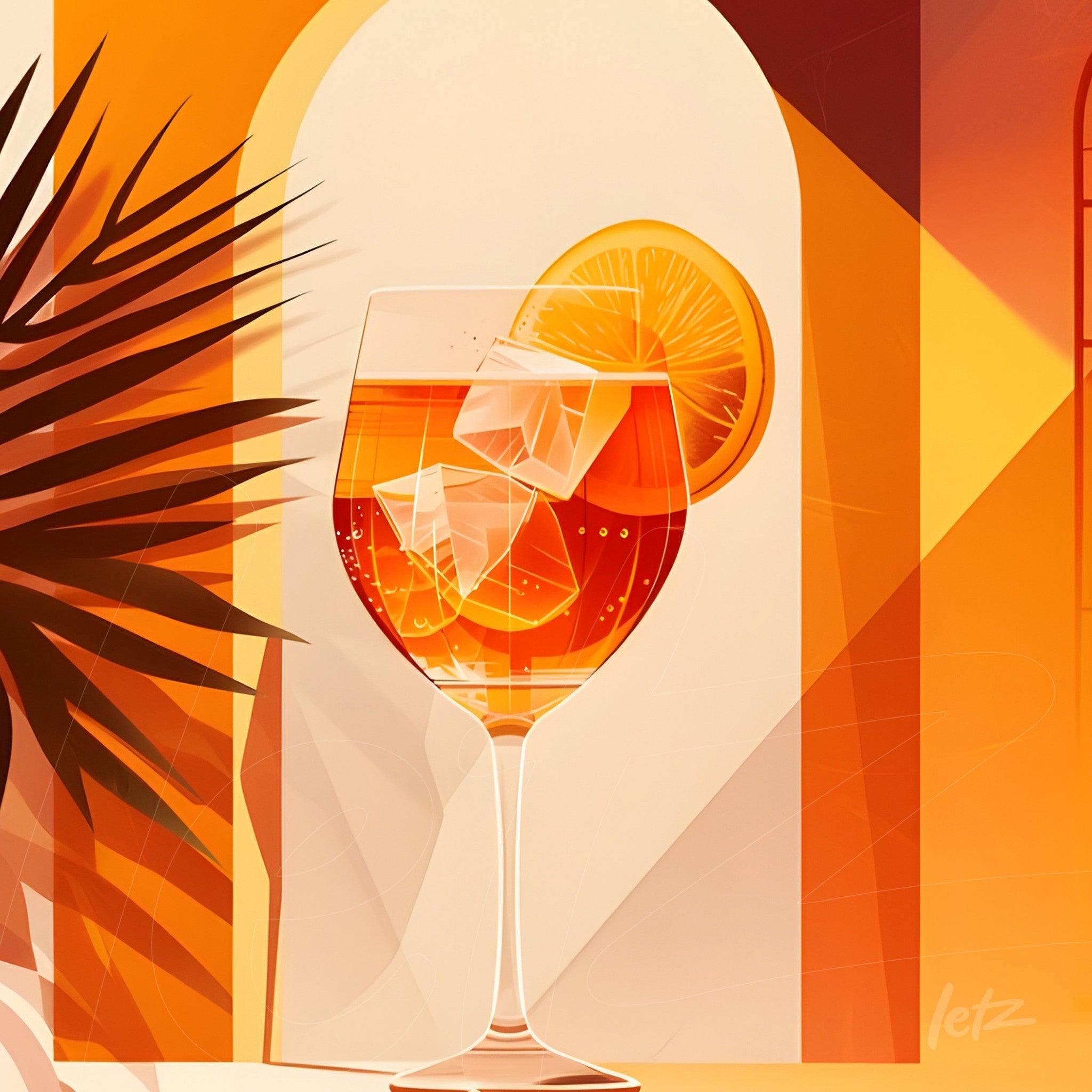 digital artwork of a tall glass drink with ice and orange slice, background featuring arches and plants