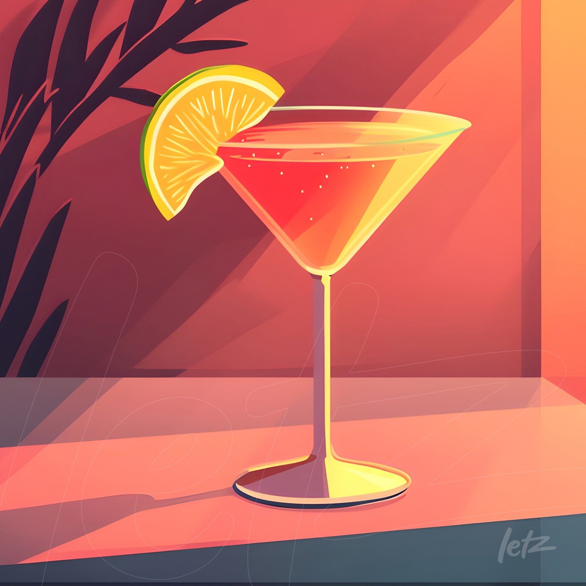 digital art of cosmopolitan cocktail in glass with lemon slice and vibrant orange background