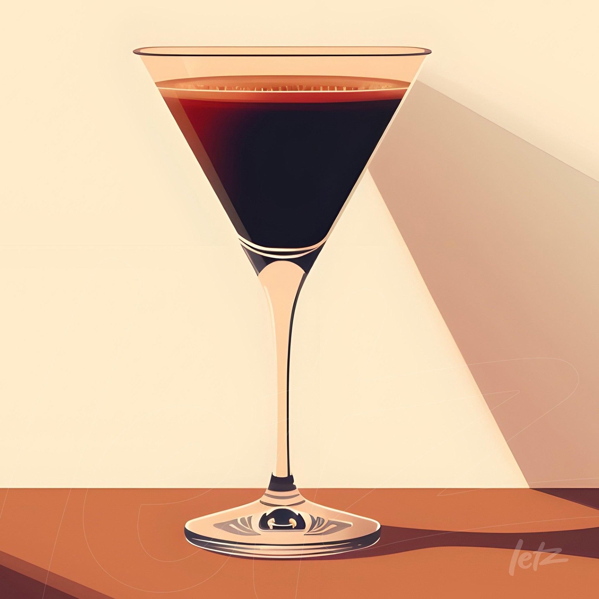 minimalist artwork of a cocktail glass with dark liquid on a brown surface
