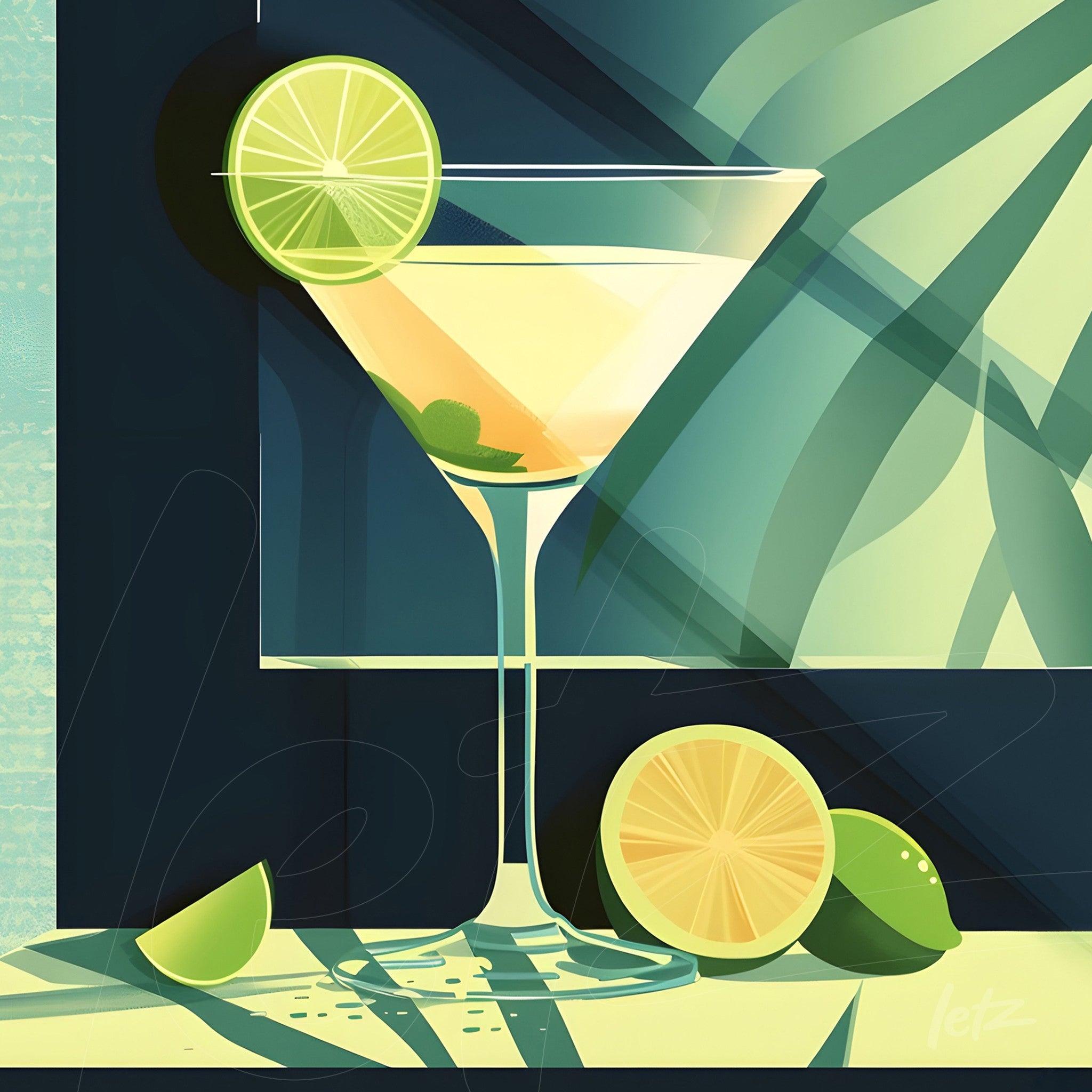digital artwork of refreshing cocktail in a stemmed glass with limes around on a tropical background