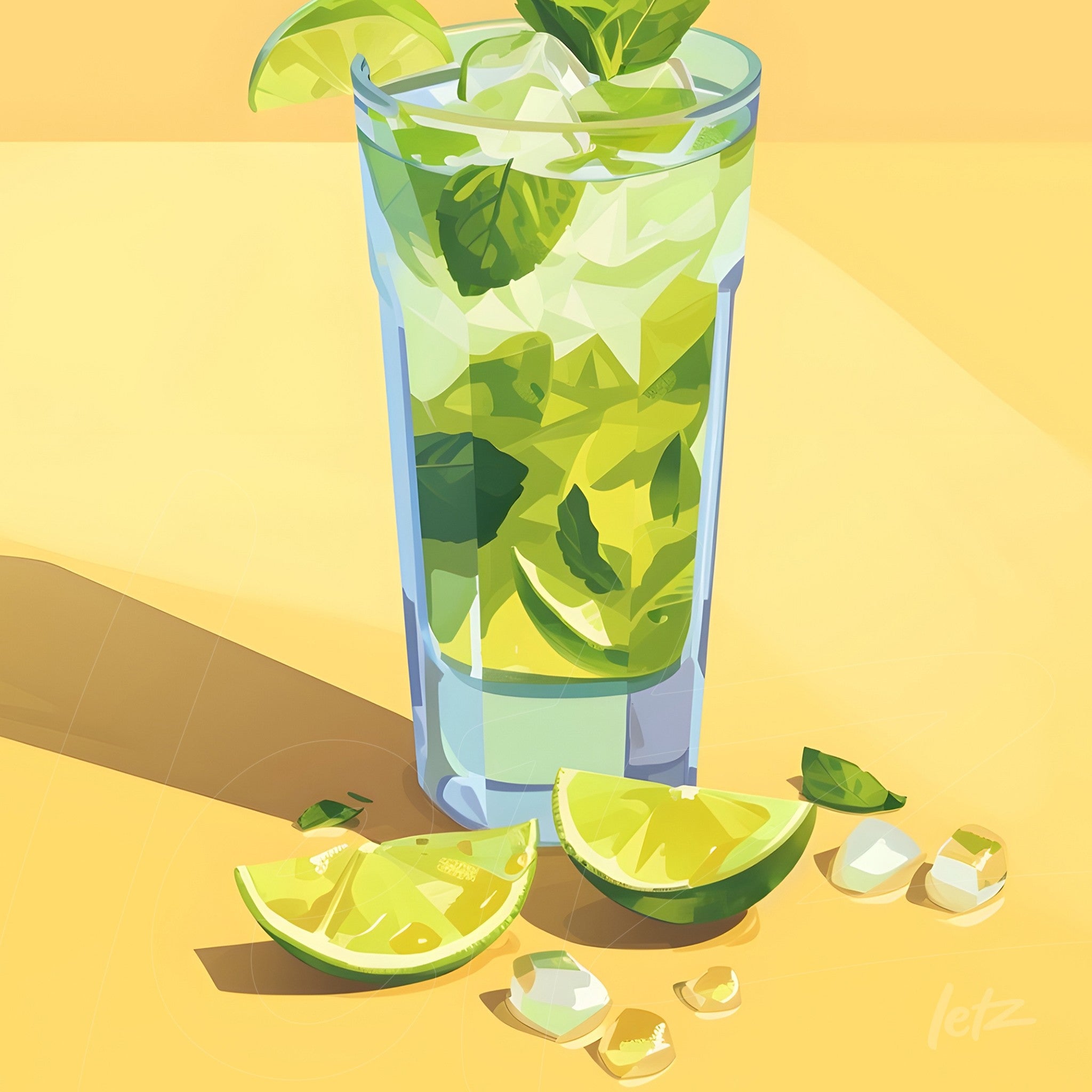 digital illustration of mojito cocktail in a tall glass with lime and mint leaves beside it