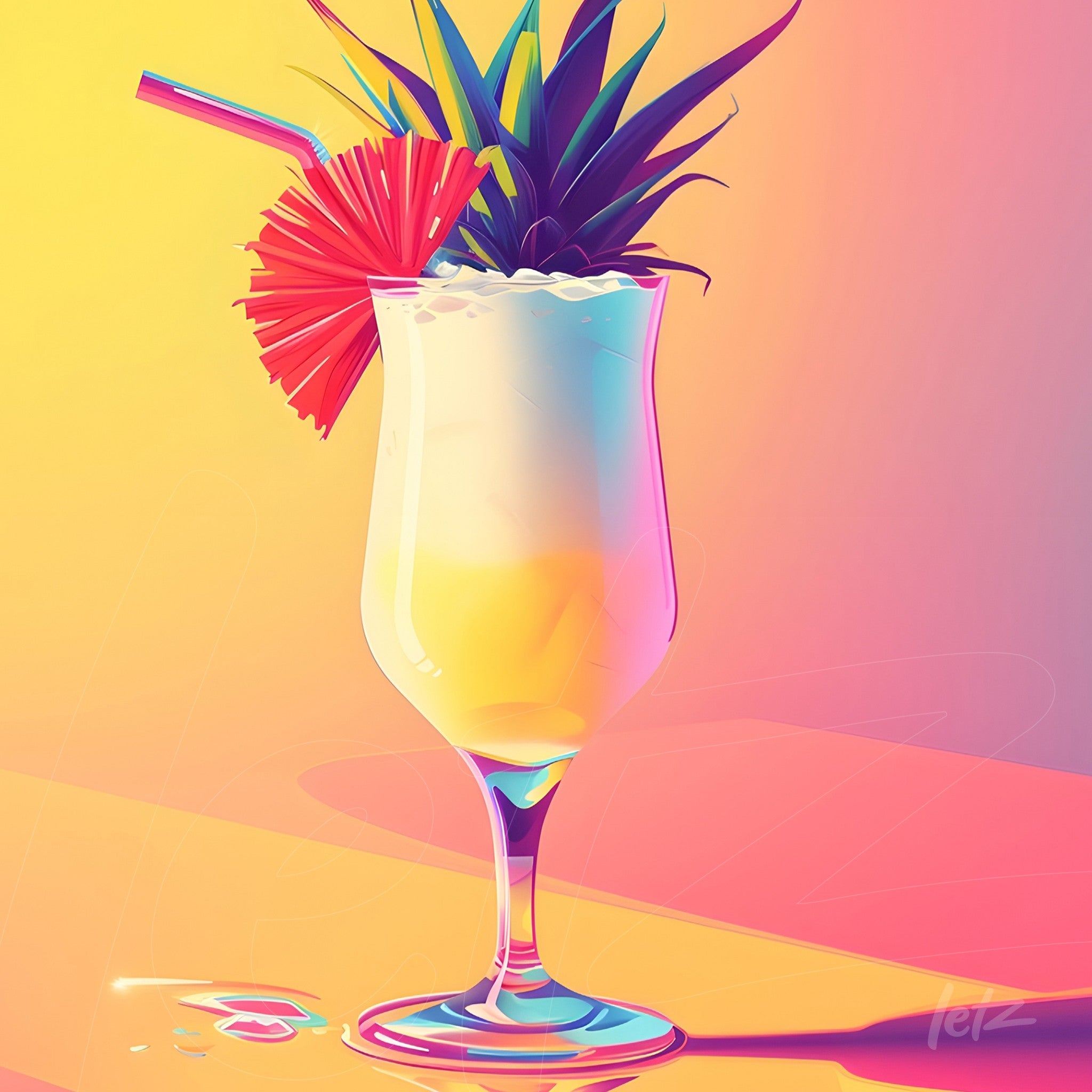 digital art of tropical cocktail with pineapple and umbrella on colorful background