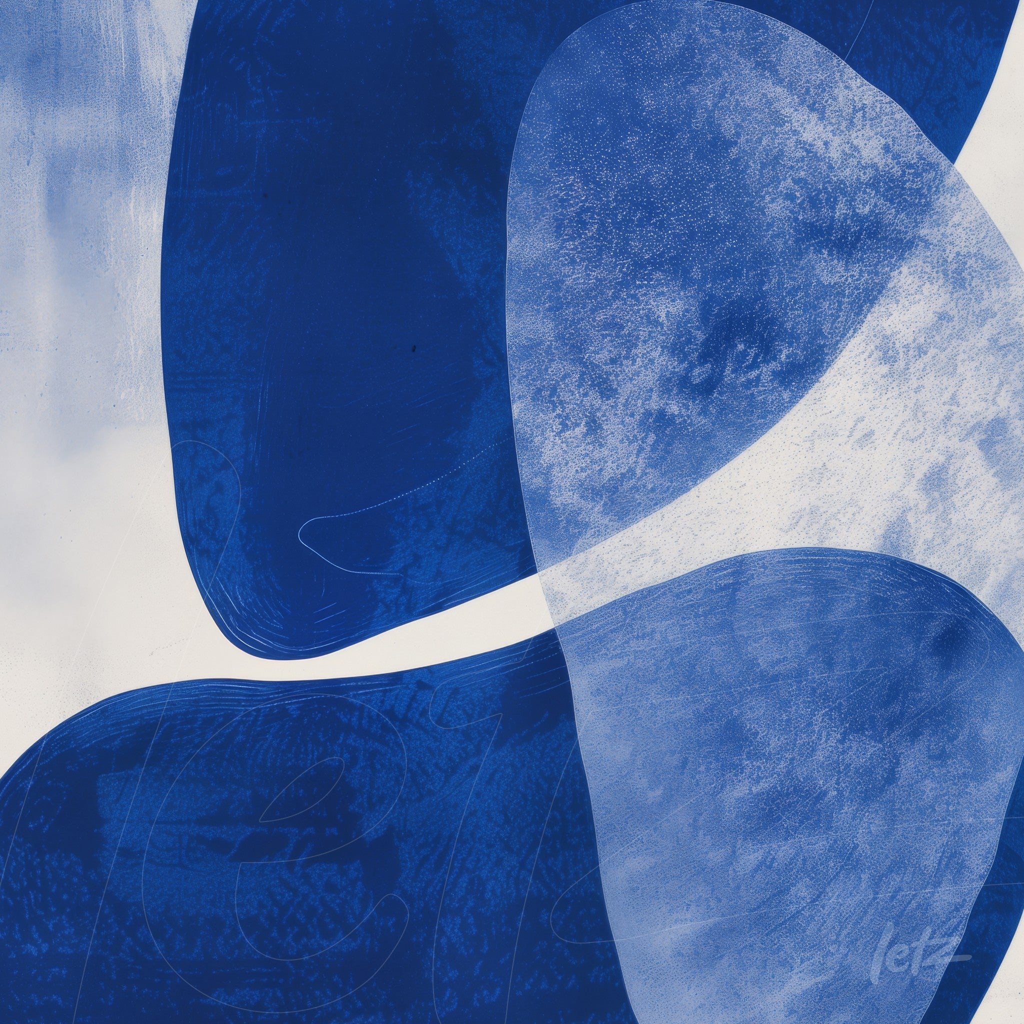 abstract art in shades of blue featuring organic shapes on a light background
