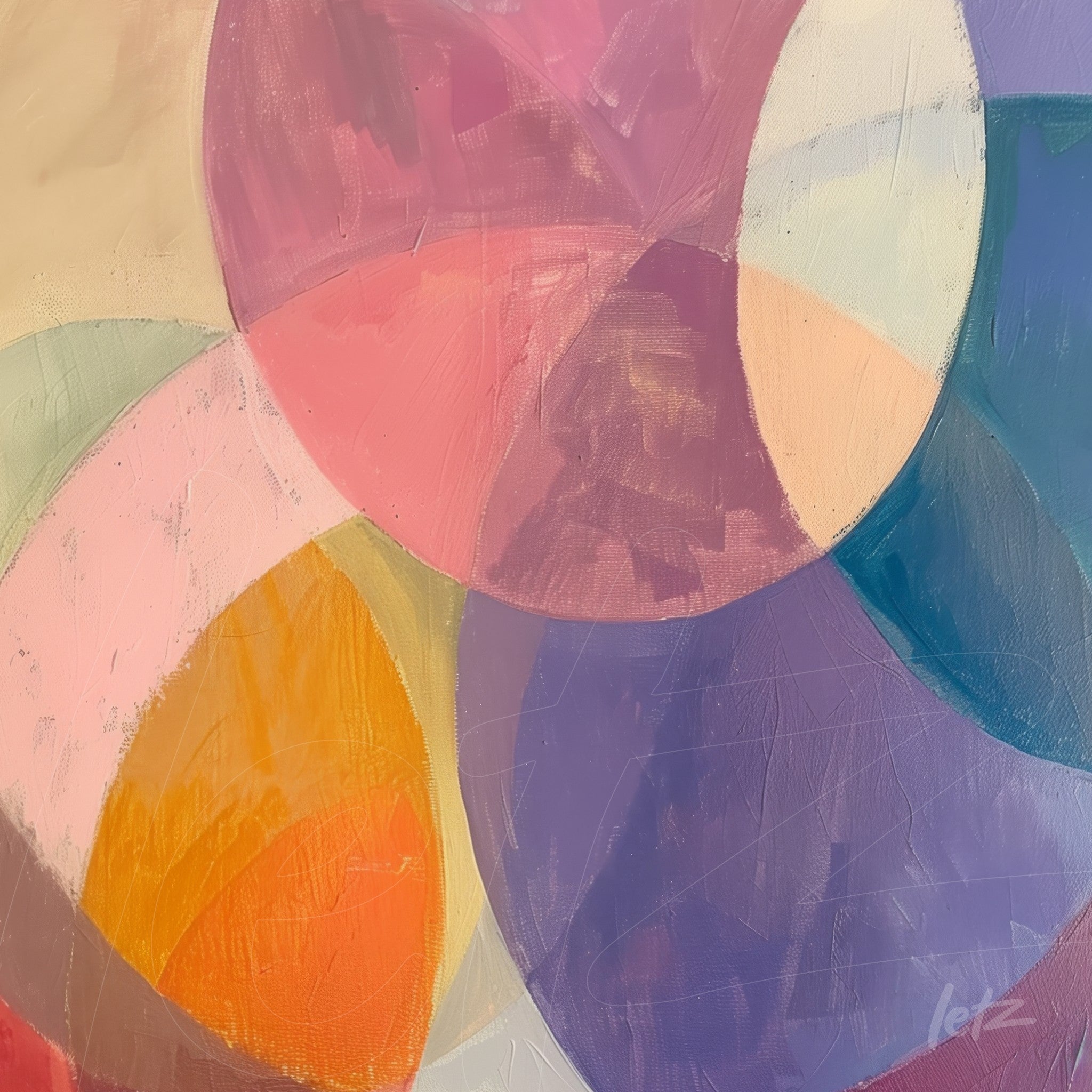 canvas artwork featuring an abstract composition of interconnected circles in pastel shades of pink, orange, and purple