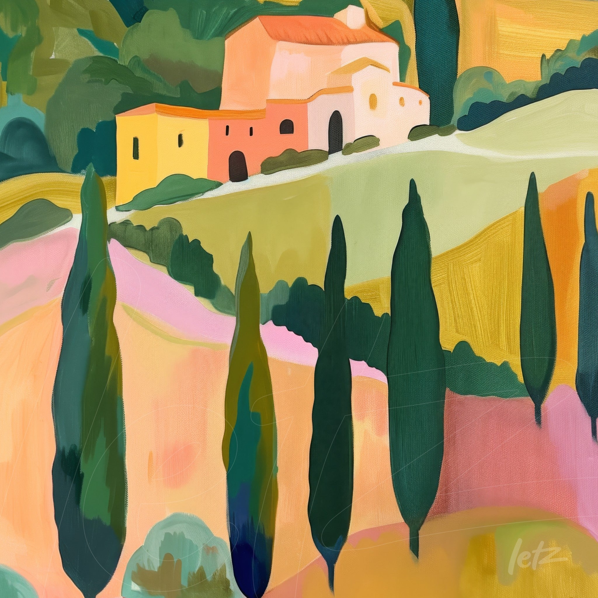 vibrant countryside painting featuring a yellow house and cypress trees in the foreground