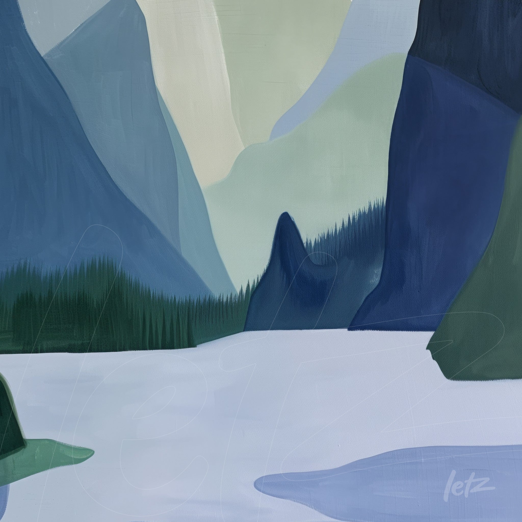 abstract painting of mountains and lake in blue and green hues