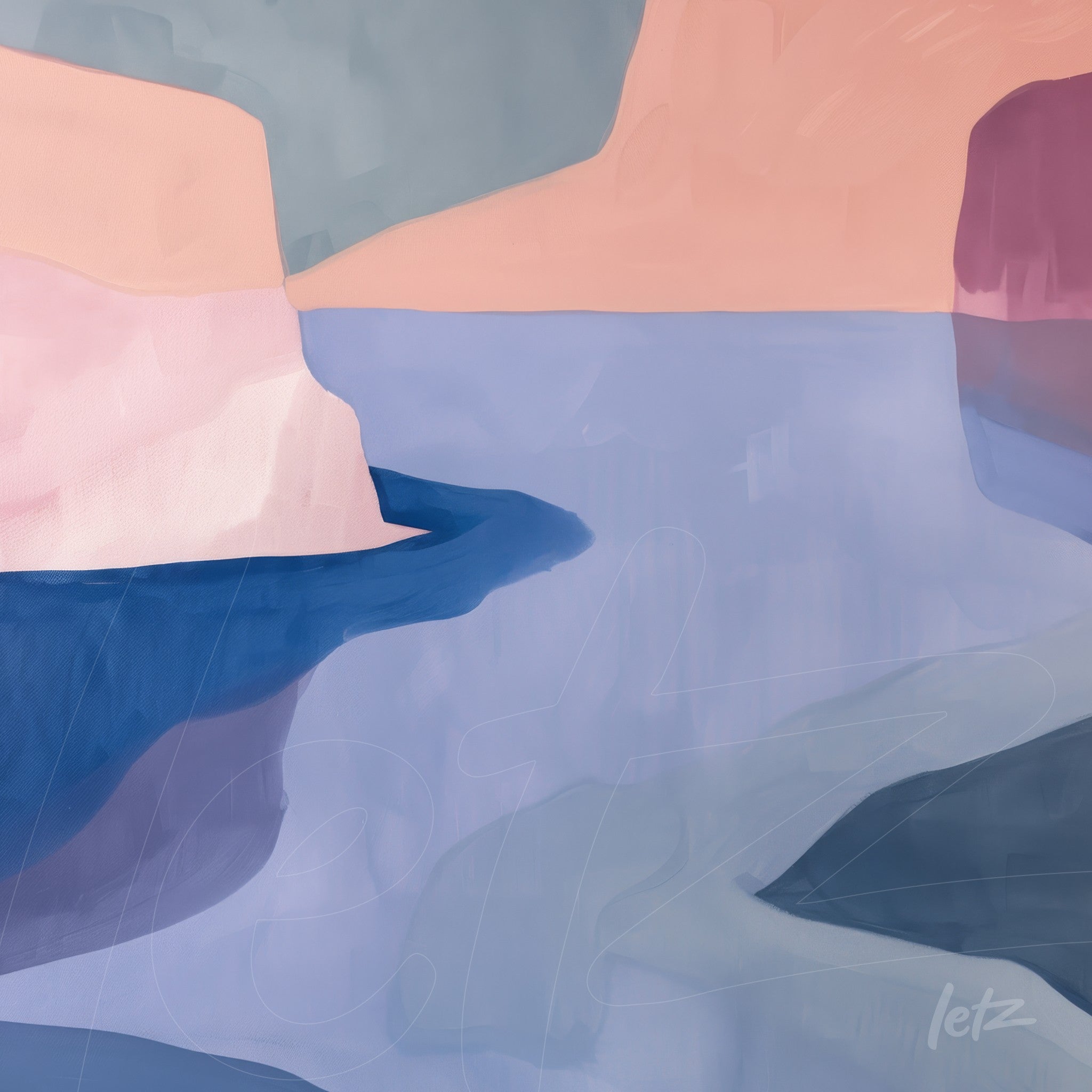 abstract art featuring soft shapes in shades of pink, blue, and gray depicting a serene landscape