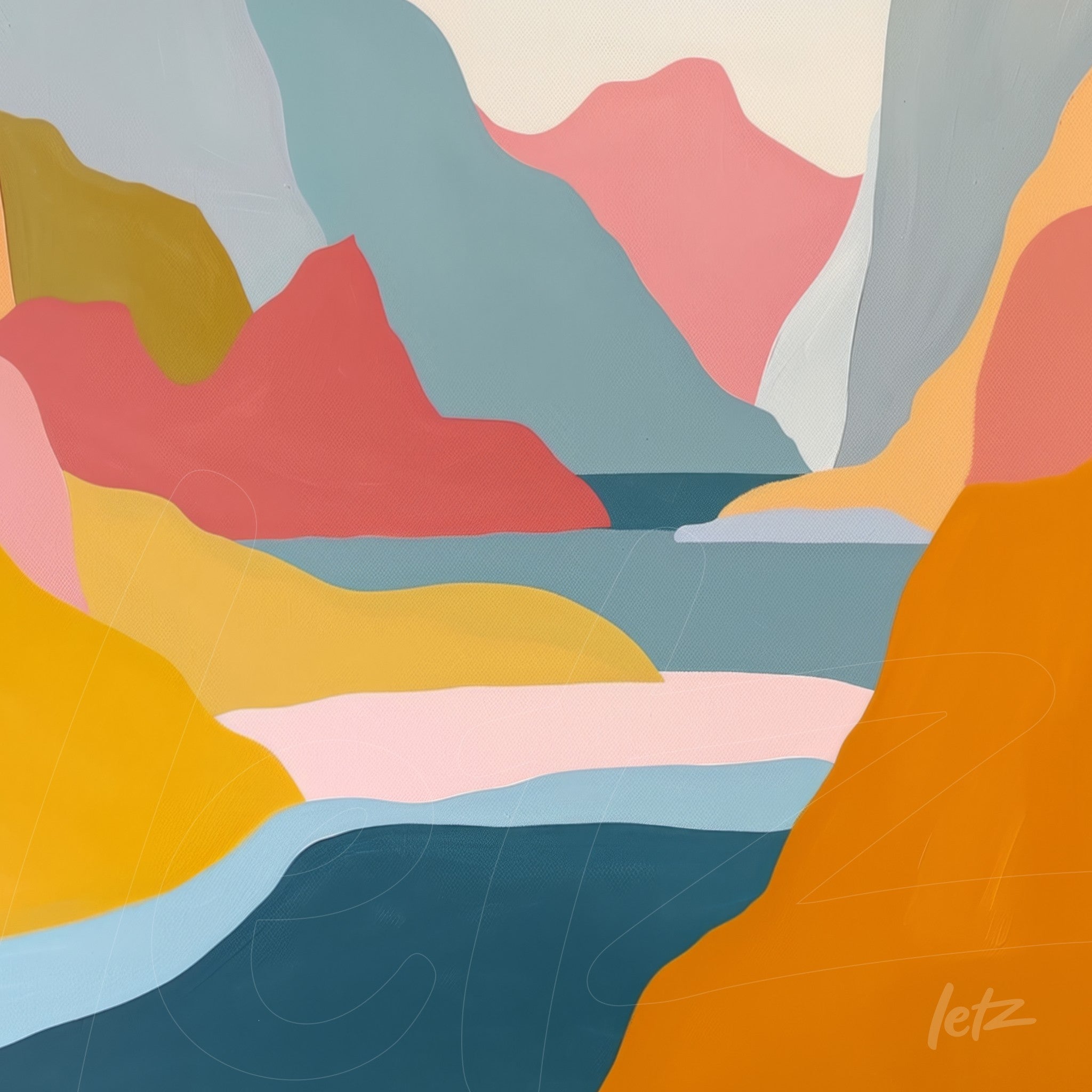 abstract wall art featuring colorful mountains in warm and cool tones with gaps of water and sky