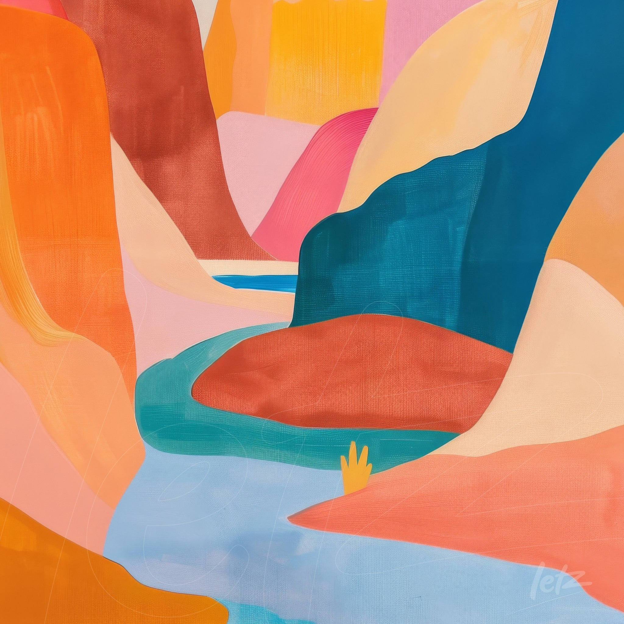 abstract art featuring organic shapes in warm tones of orange, pink, and blue depicting a landscape with mountains and a river