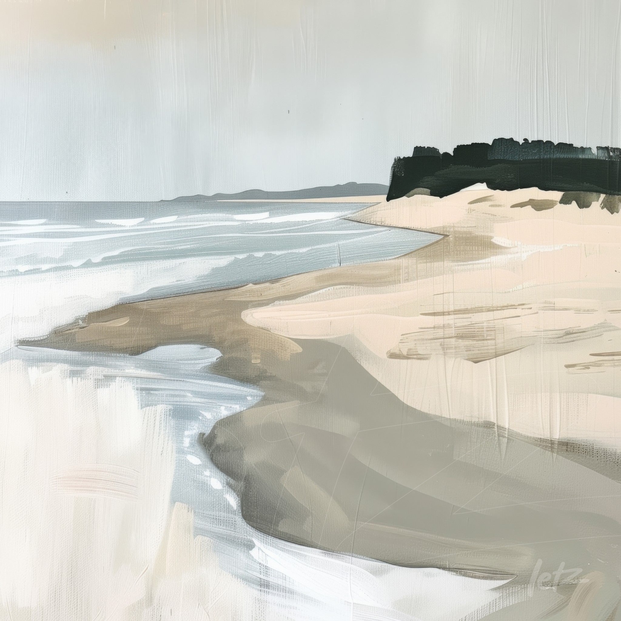 minimalist digital art of a beach with gentle waves and light sand in the background