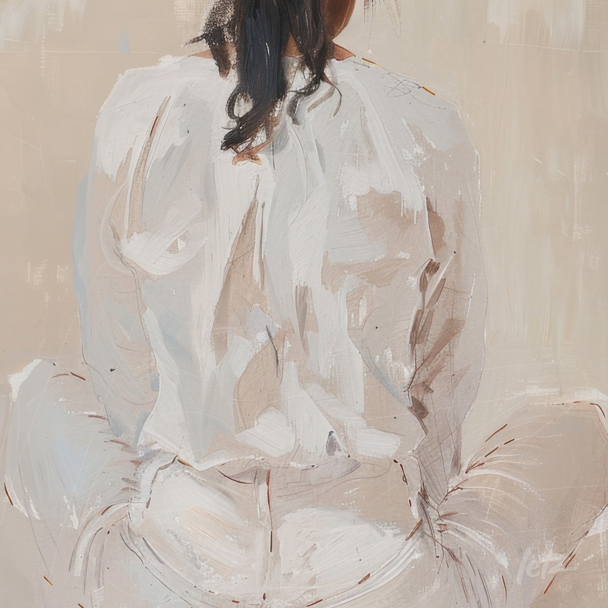 digital artwork of a seated female figure seen from behind in cream tones with subtle pigment touches