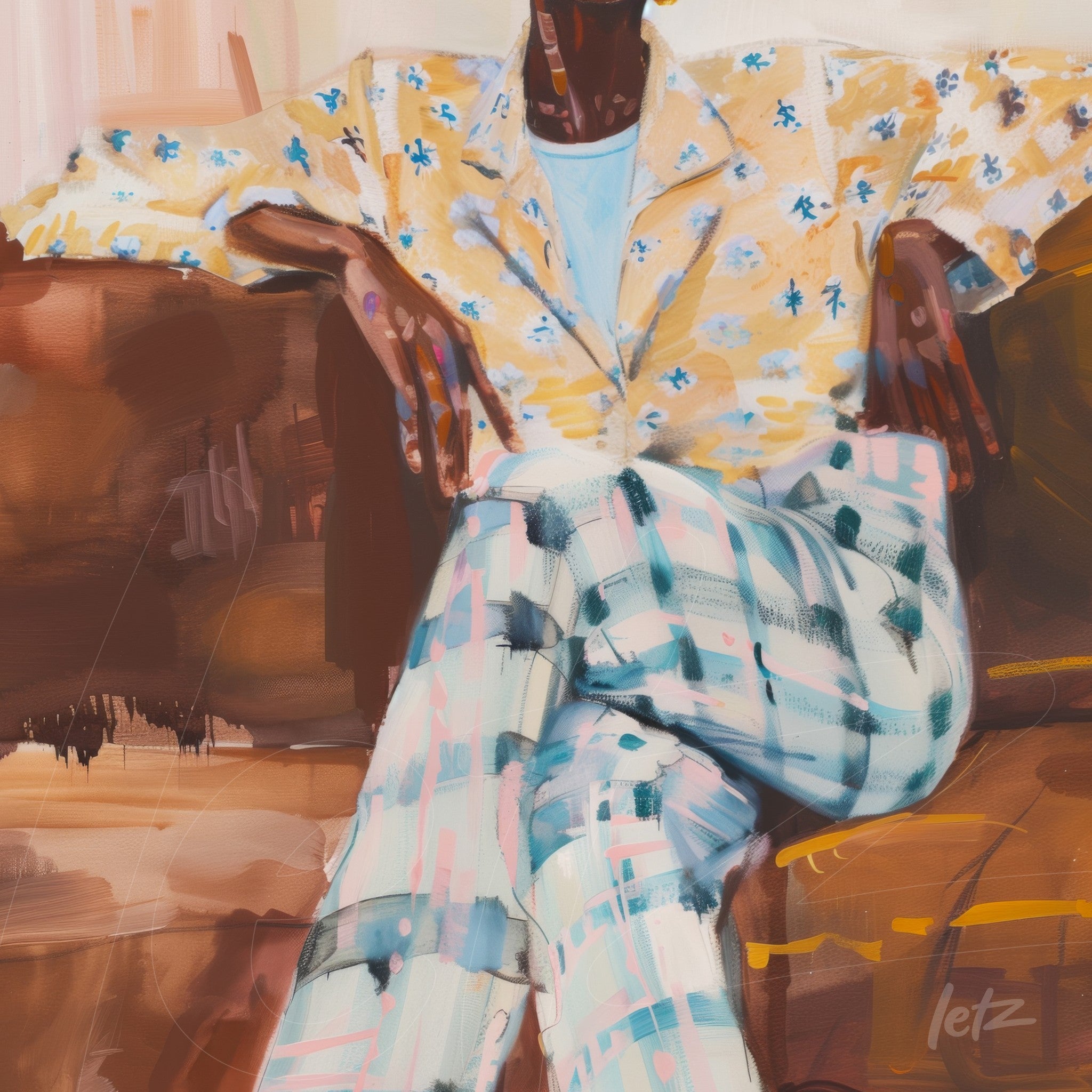 framed art of a man sitting on a sofa, wearing a yellow floral shirt and pastel plaid pants