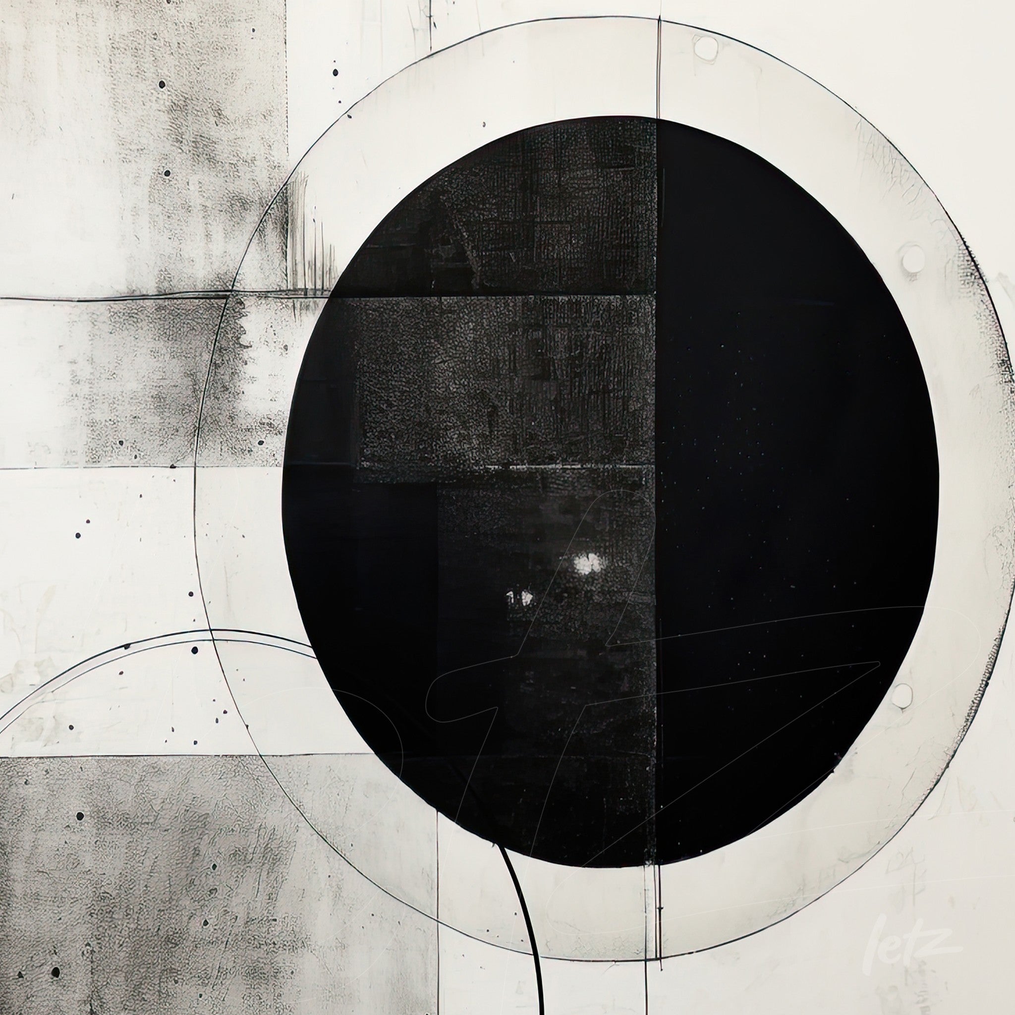 abstract art in black and white featuring large circular shapes on light background