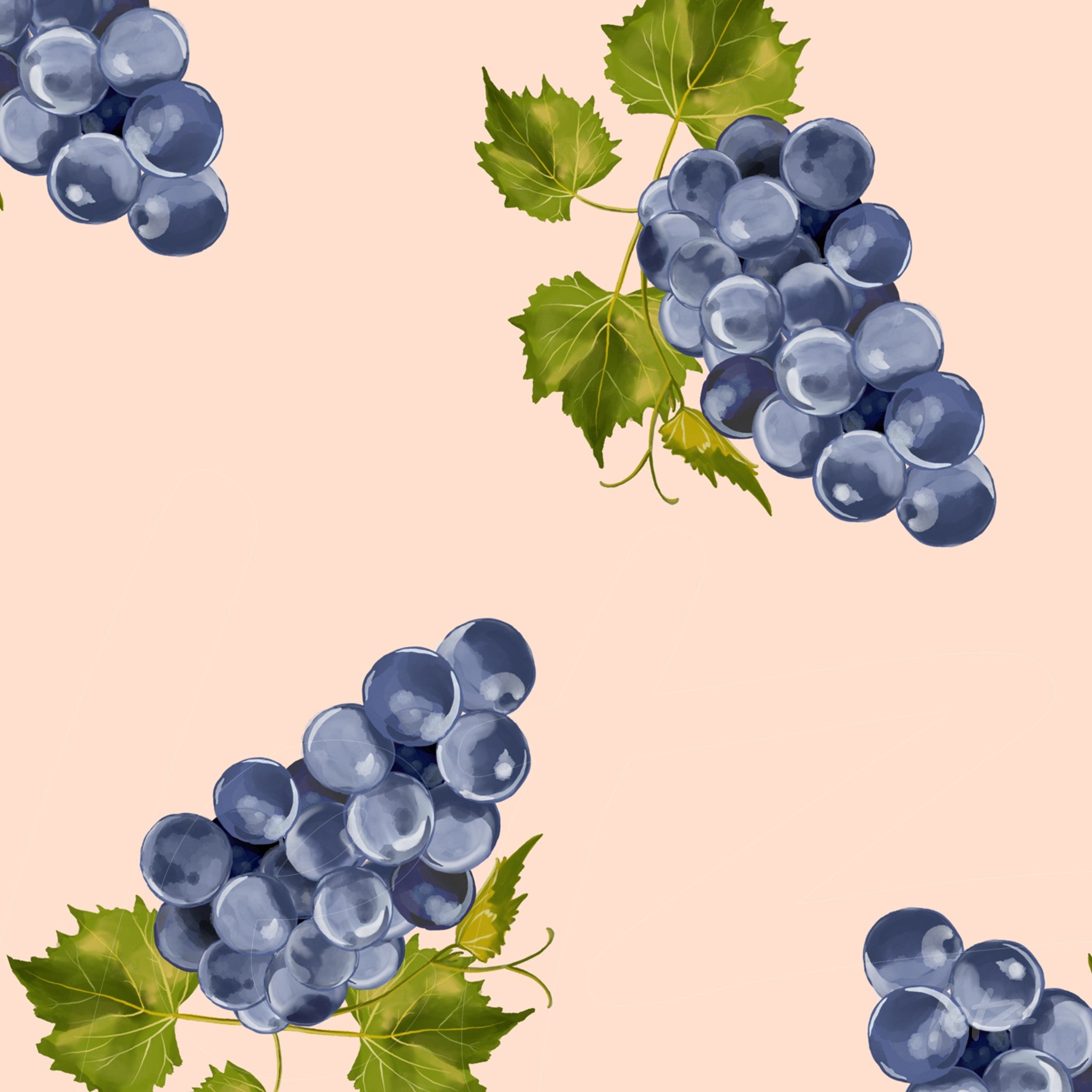 digital artwork featuring clusters of purple grapes on a light pink background