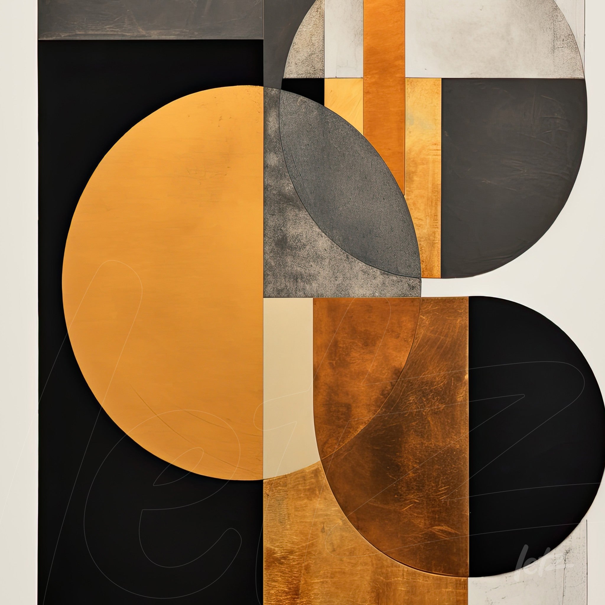 abstract wall art featuring large circular shapes in black, gold, and metallic tones with varied textures