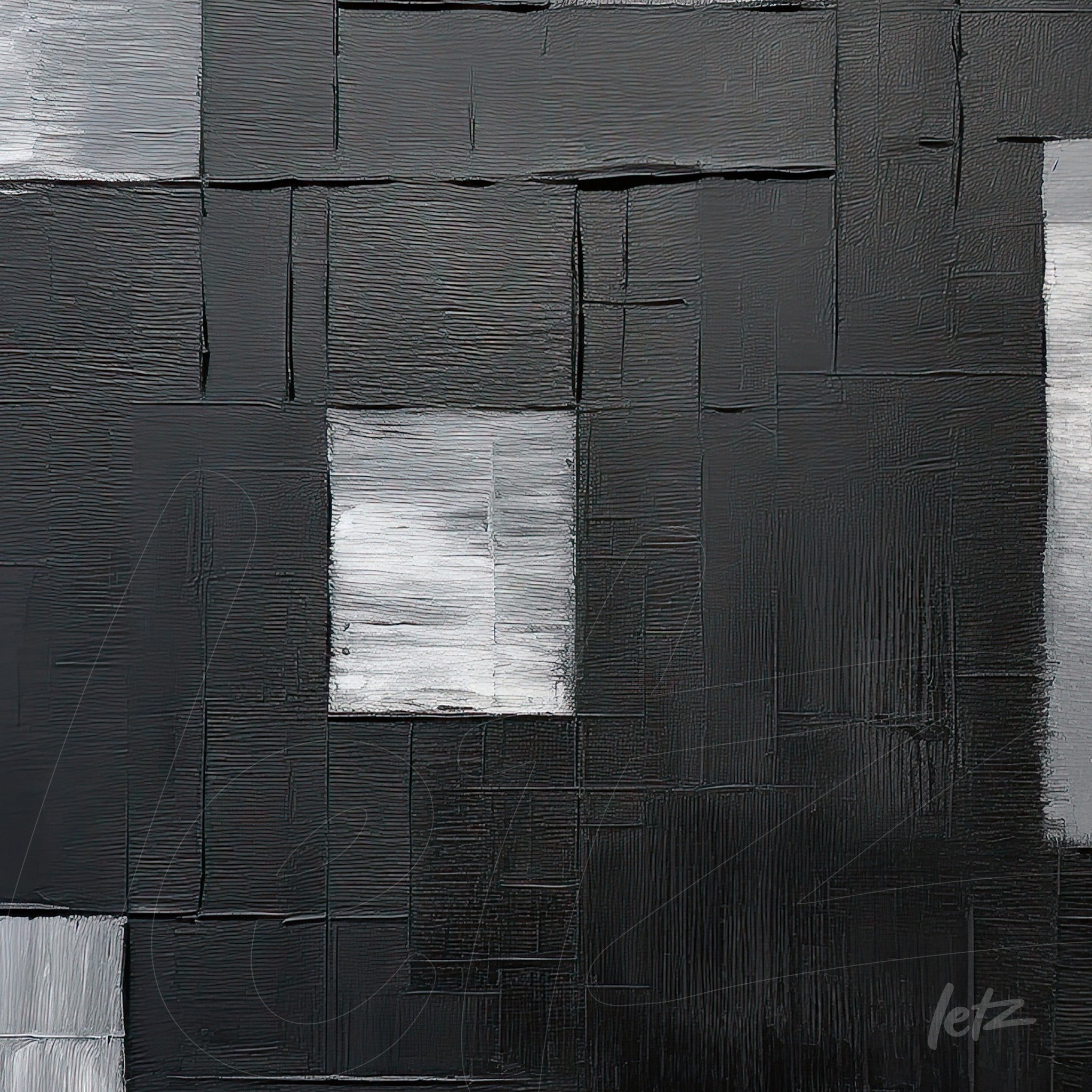 abstract artwork in shades of black and gray featuring varied textures