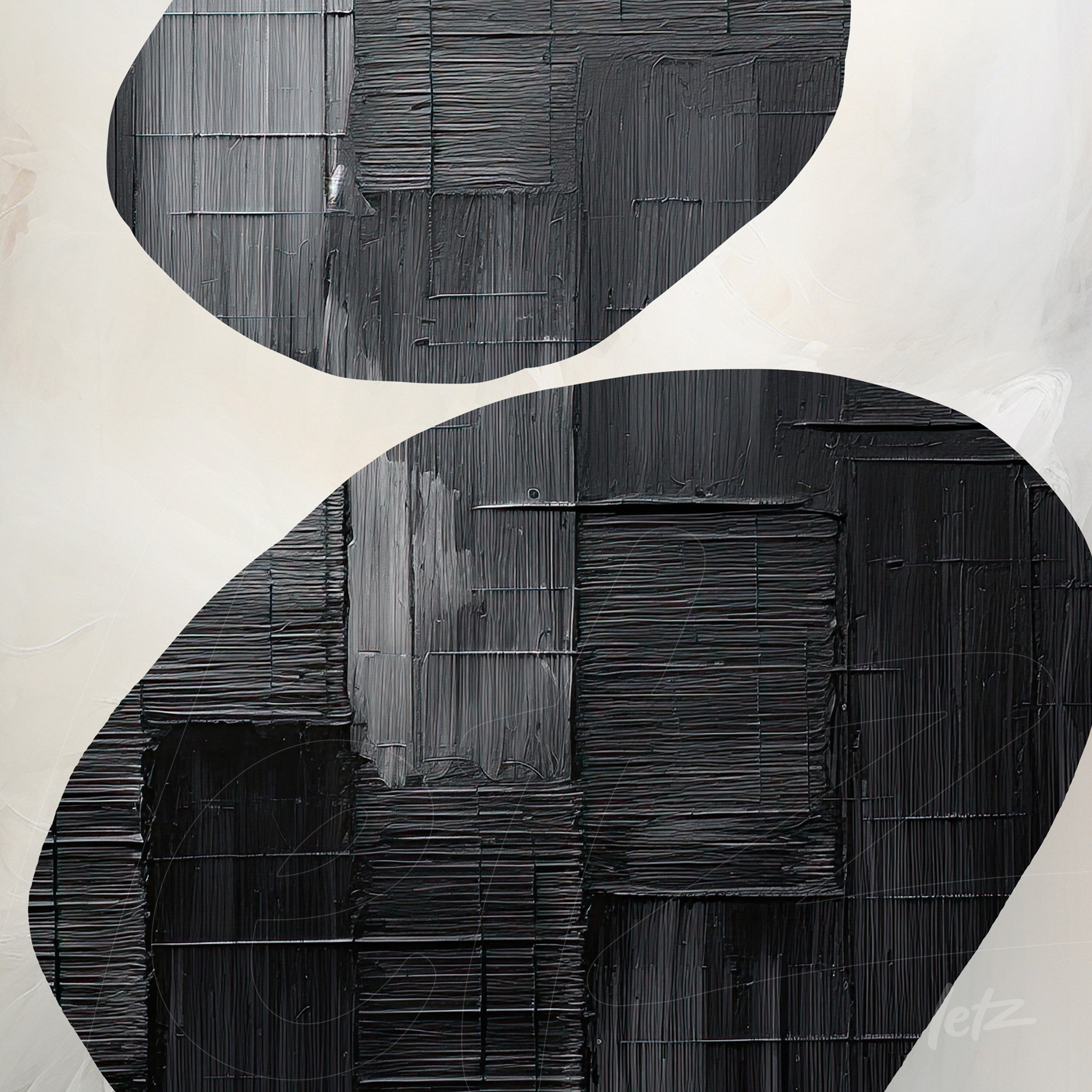 abstract artwork in black and white featuring textured brush strokes on a light background