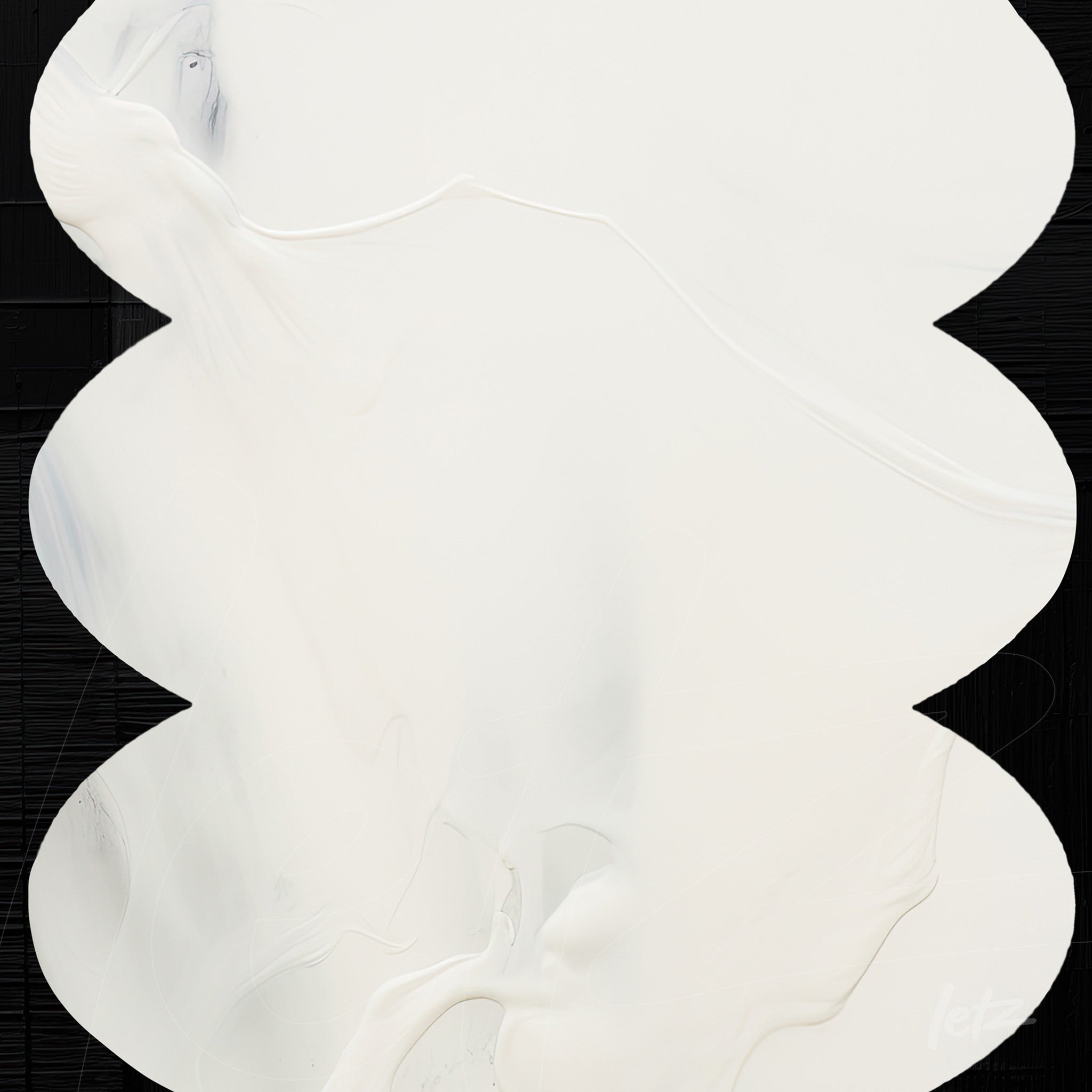 abstract wall art in shades of white and gray on black background with fluid texture