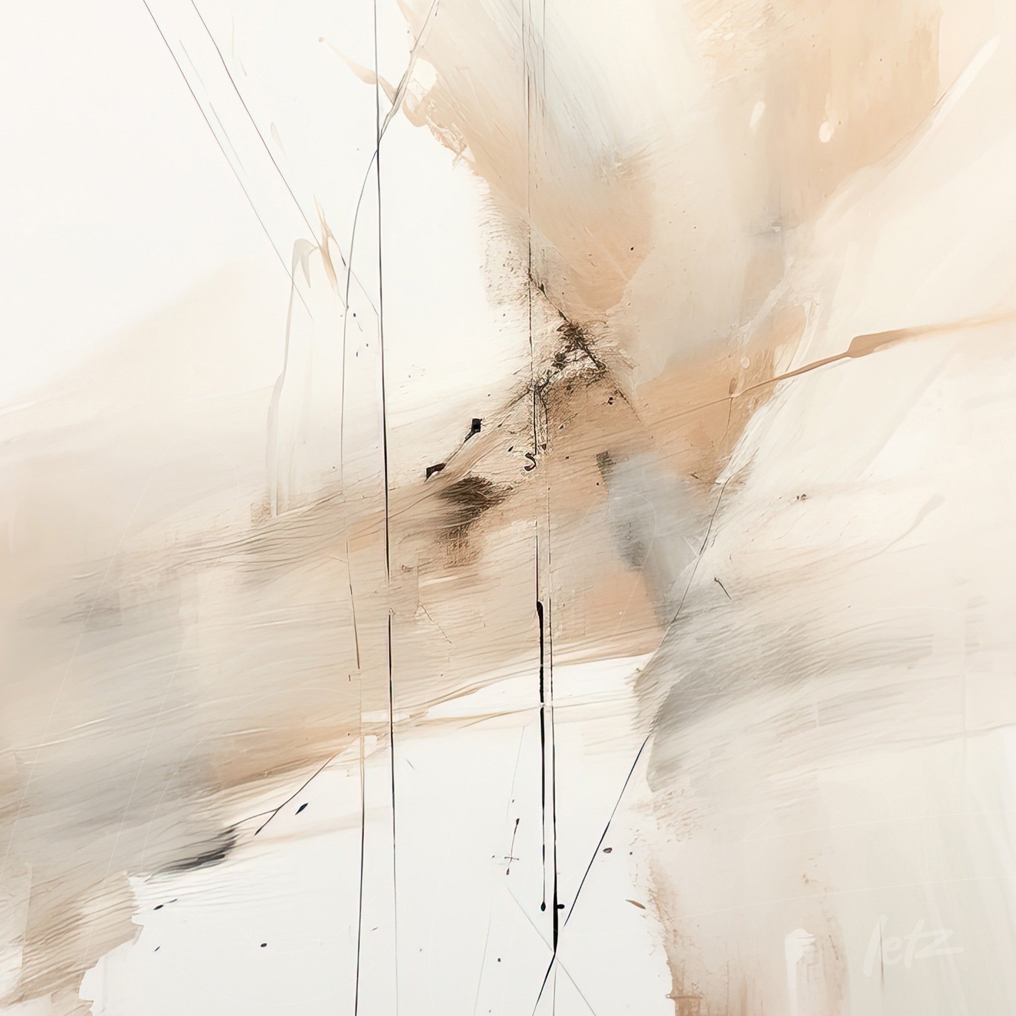 abstract art in neutral tones with black strokes, showcased in a minimalist composition