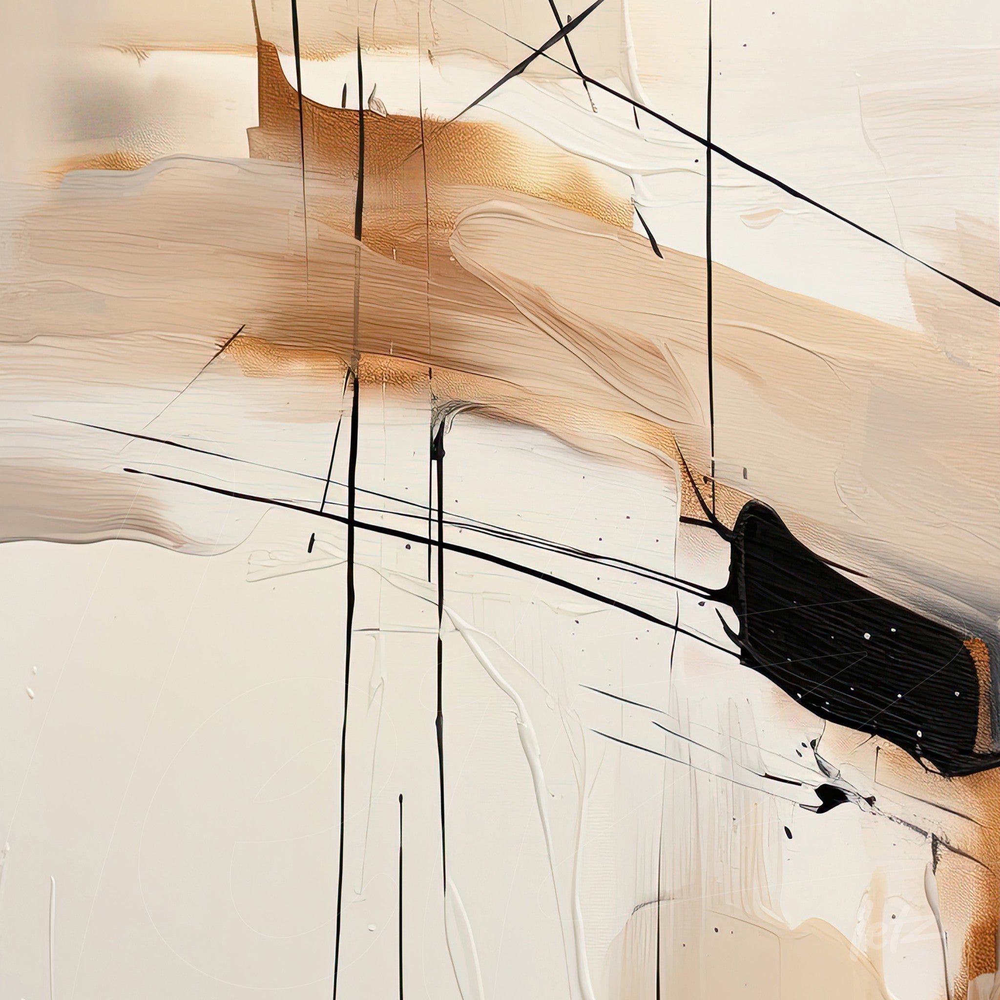 abstract art with black strokes on a cream background and nude accents