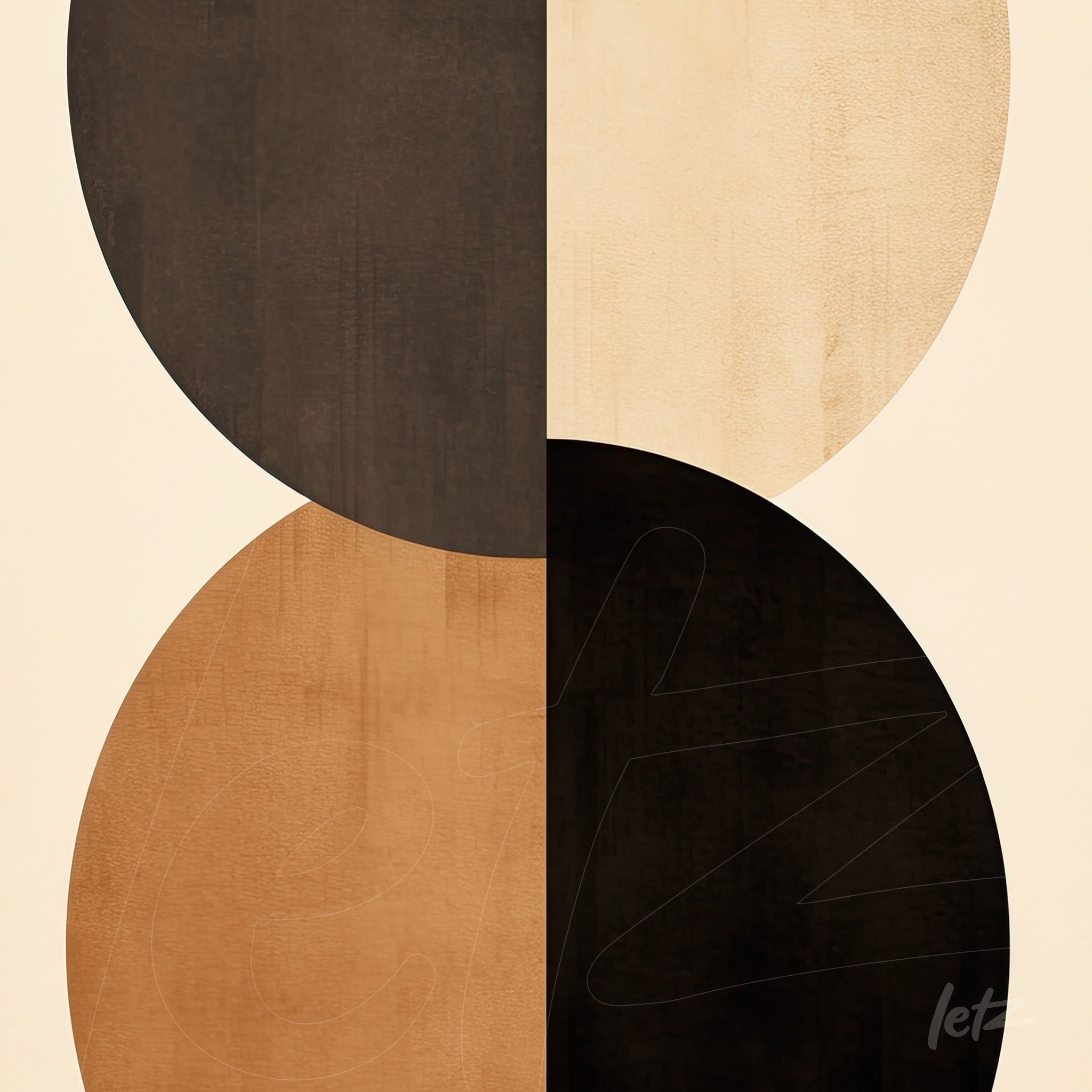 abstract art featuring two large circles, one in brown and the other in black, on a light background