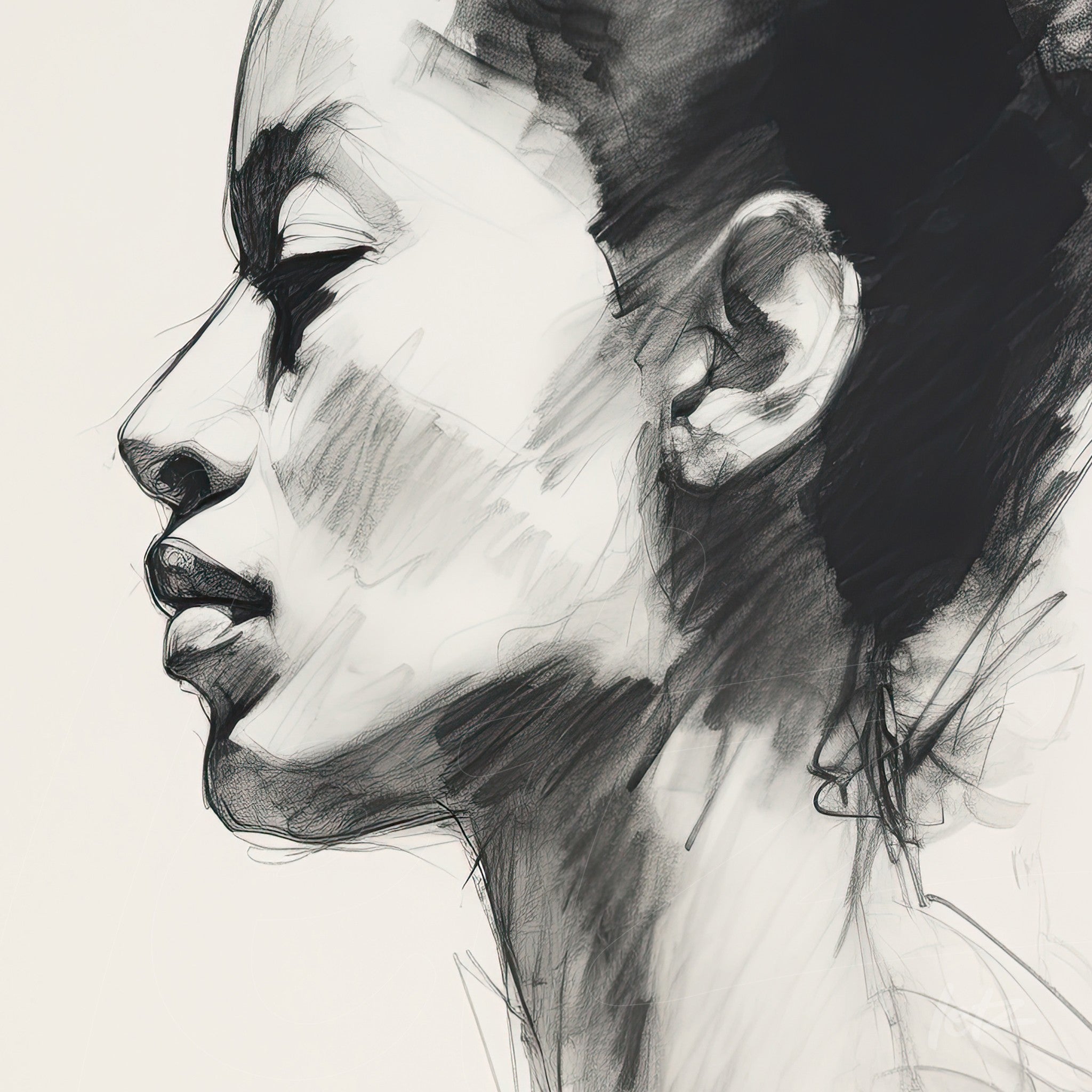 black and white illustration of a female profile, featuring prominent lines and subtle shadows