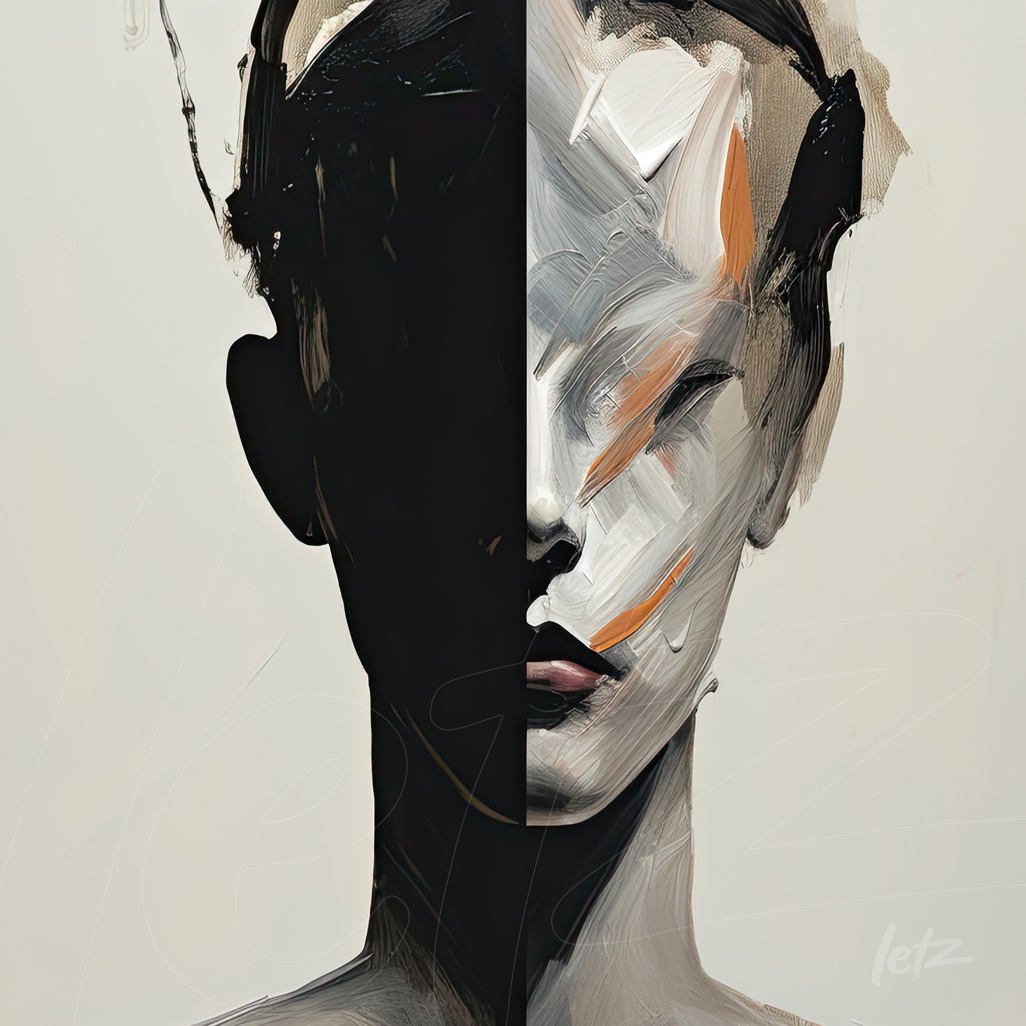 abstract digital art of a human face split in half with light and dark tones featuring brushstroke details in white and orange