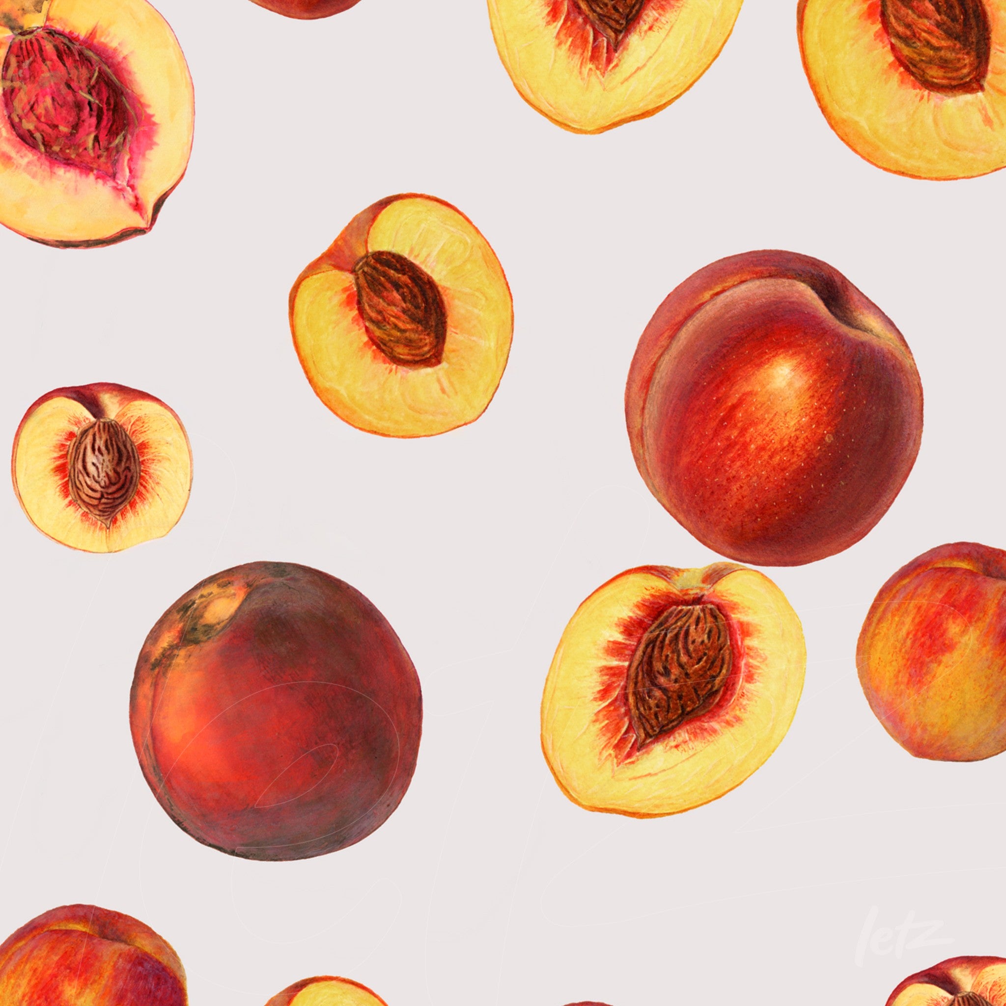 digital artwork featuring colorful illustrations of peaches on a light background, showcasing various angles and slices of the fruit