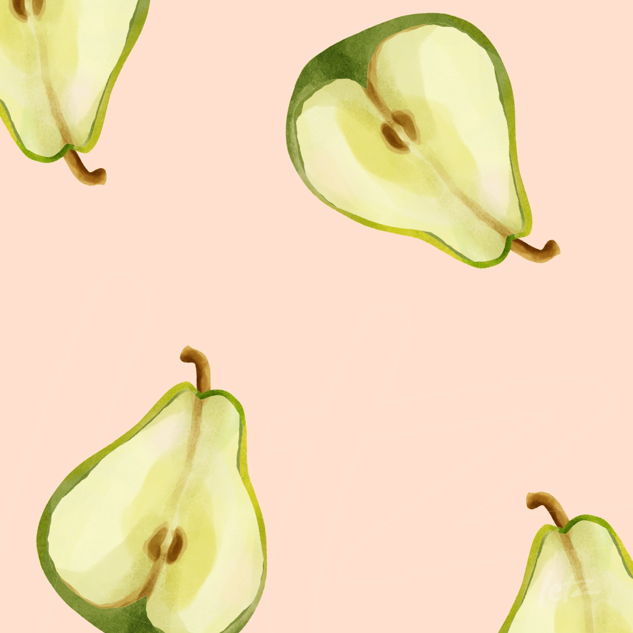 art print featuring a pattern of pears on a soft pink background with detailed illustrations of the fruit