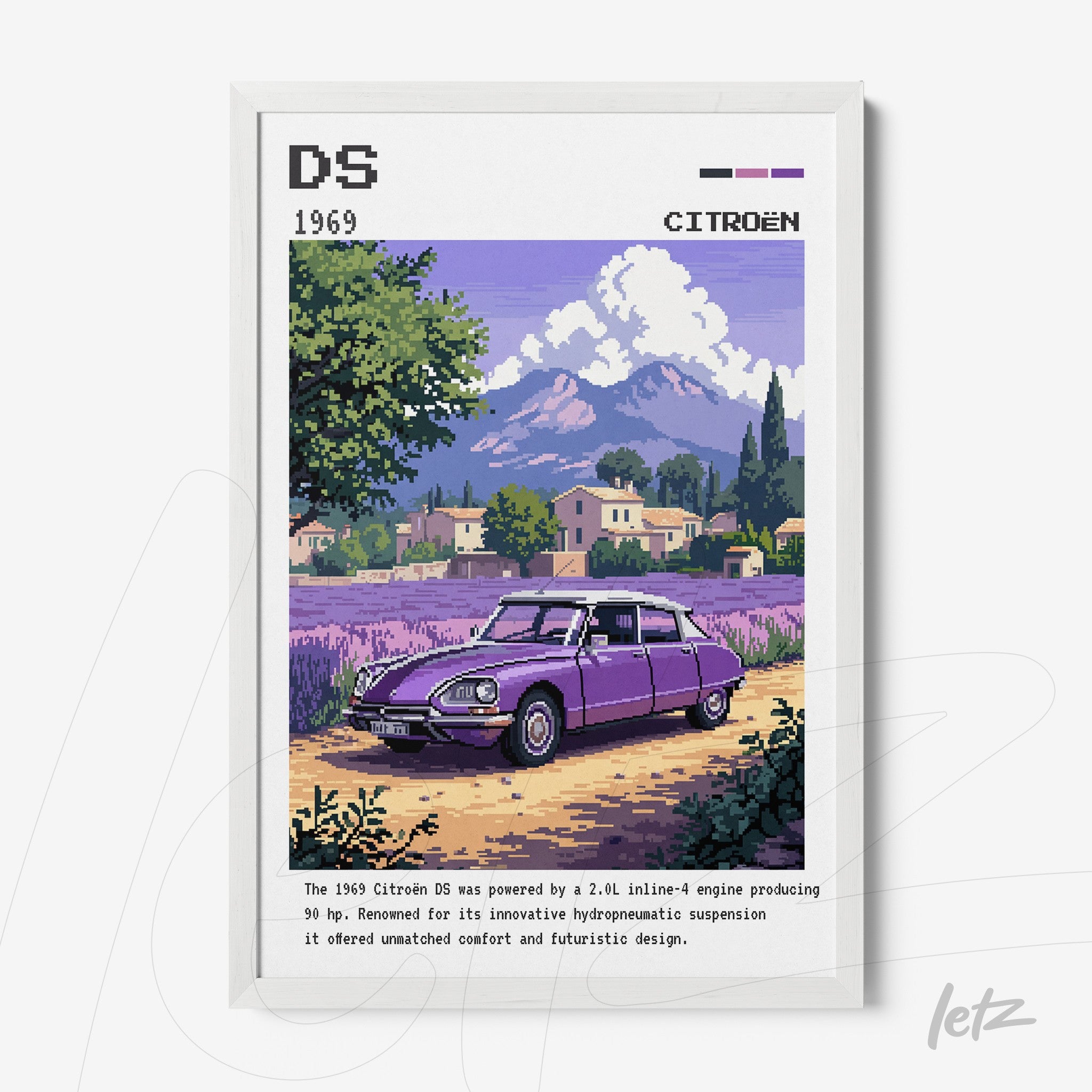 framed pixel art of a 1969 Citroën DS in a countryside setting with mountains in the background