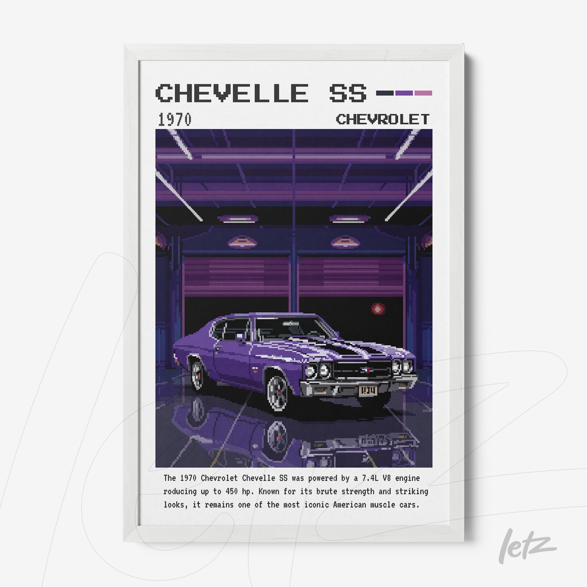 framed pixel art illustration of a 1970 Chevrolet Chevelle SS in a white frame