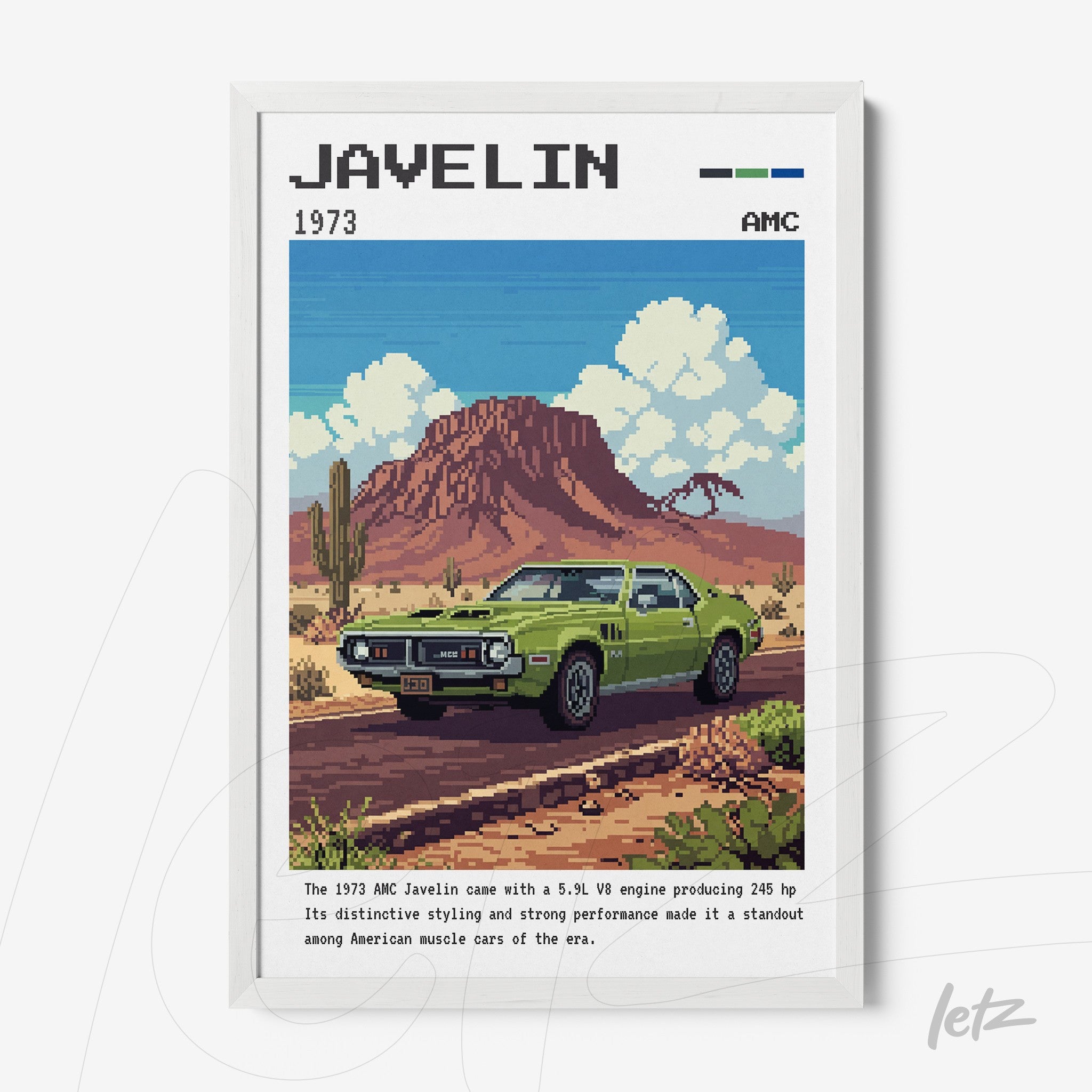 framed art depicting a stylized AMC Javelin 1973 in a desert background with mountains