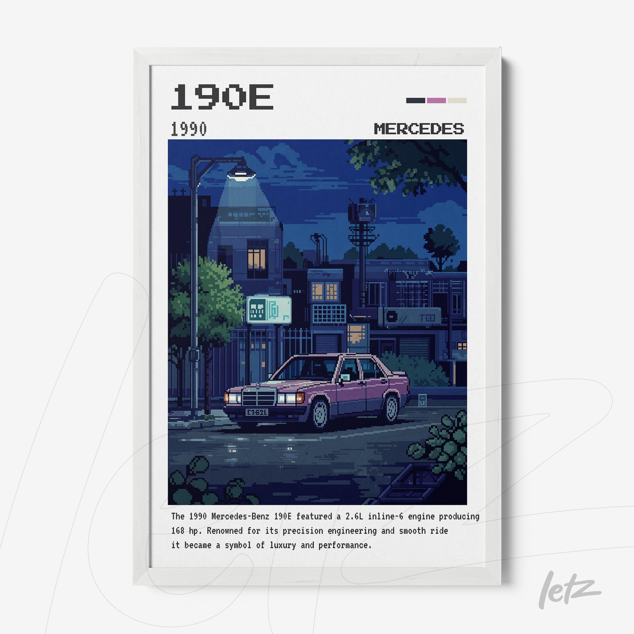 framed pixel art featuring a 1990 Mercedes-Benz 190E on a lit street at night