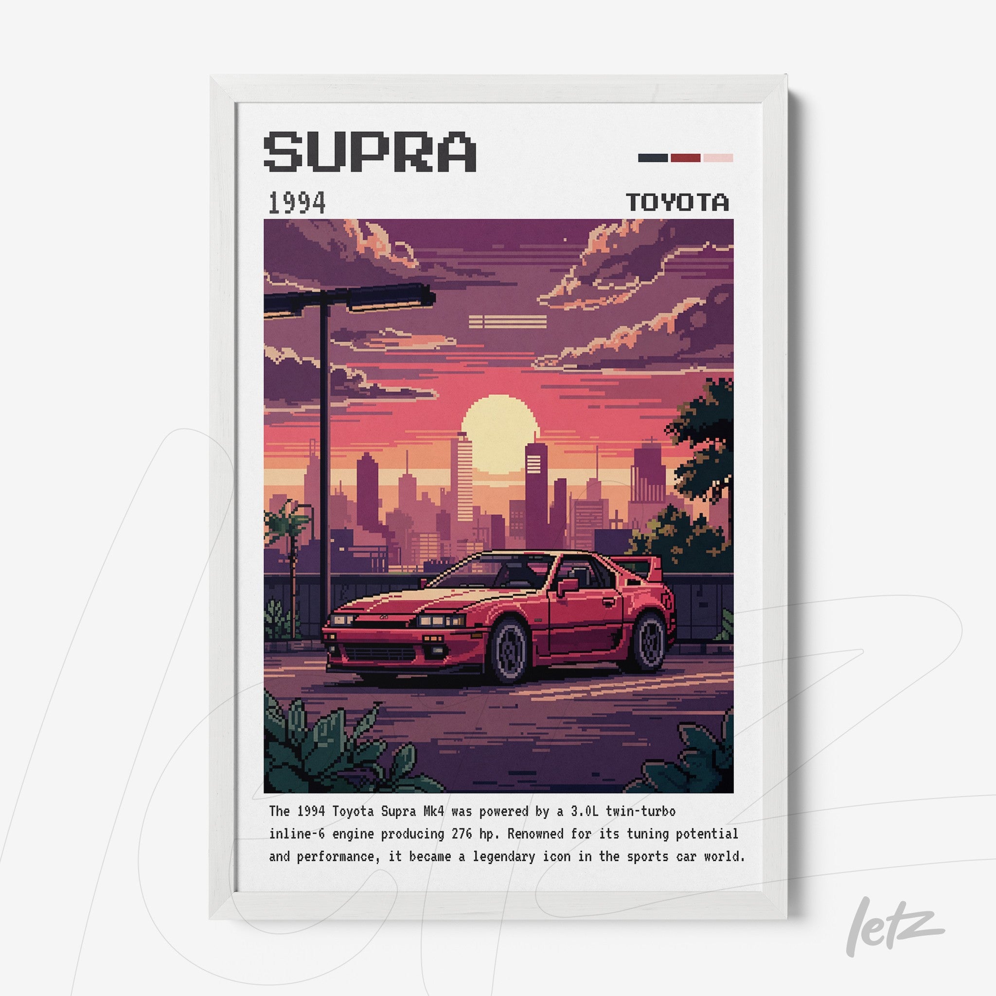 retro style digital artwork featuring a 1994 Toyota Supra in a white frame against a colorful urban sunset background