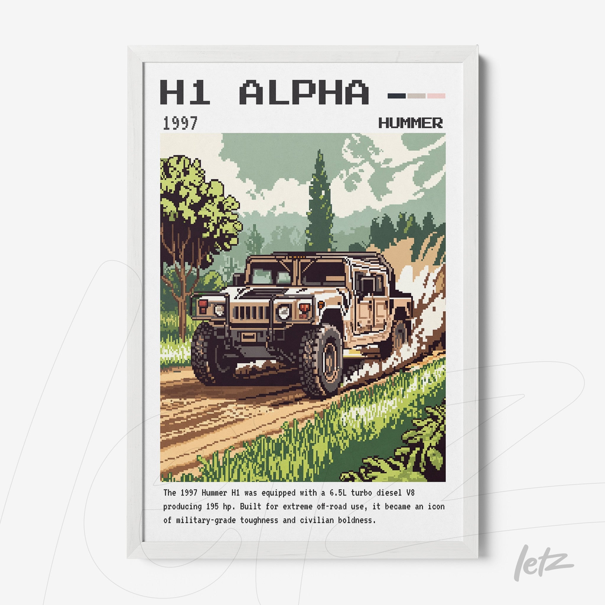retro style framed artwork of Hummer H1 vehicle with white frame