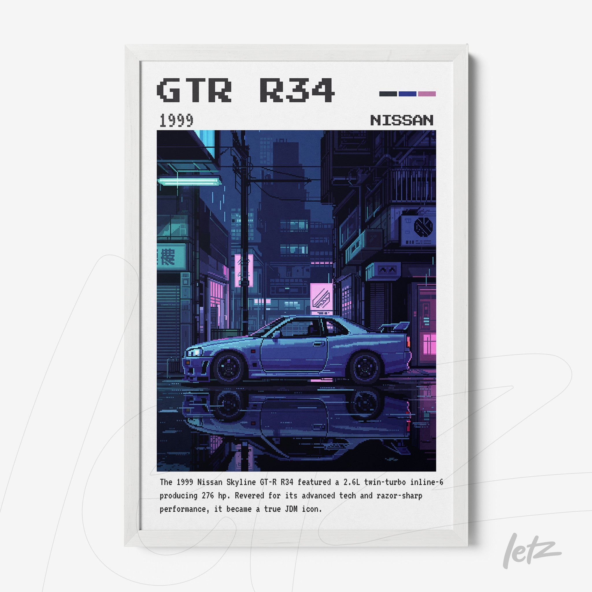 framed digital art of the Nissan Skyline GTR R34 in a cyberpunk urban night scene with white frame