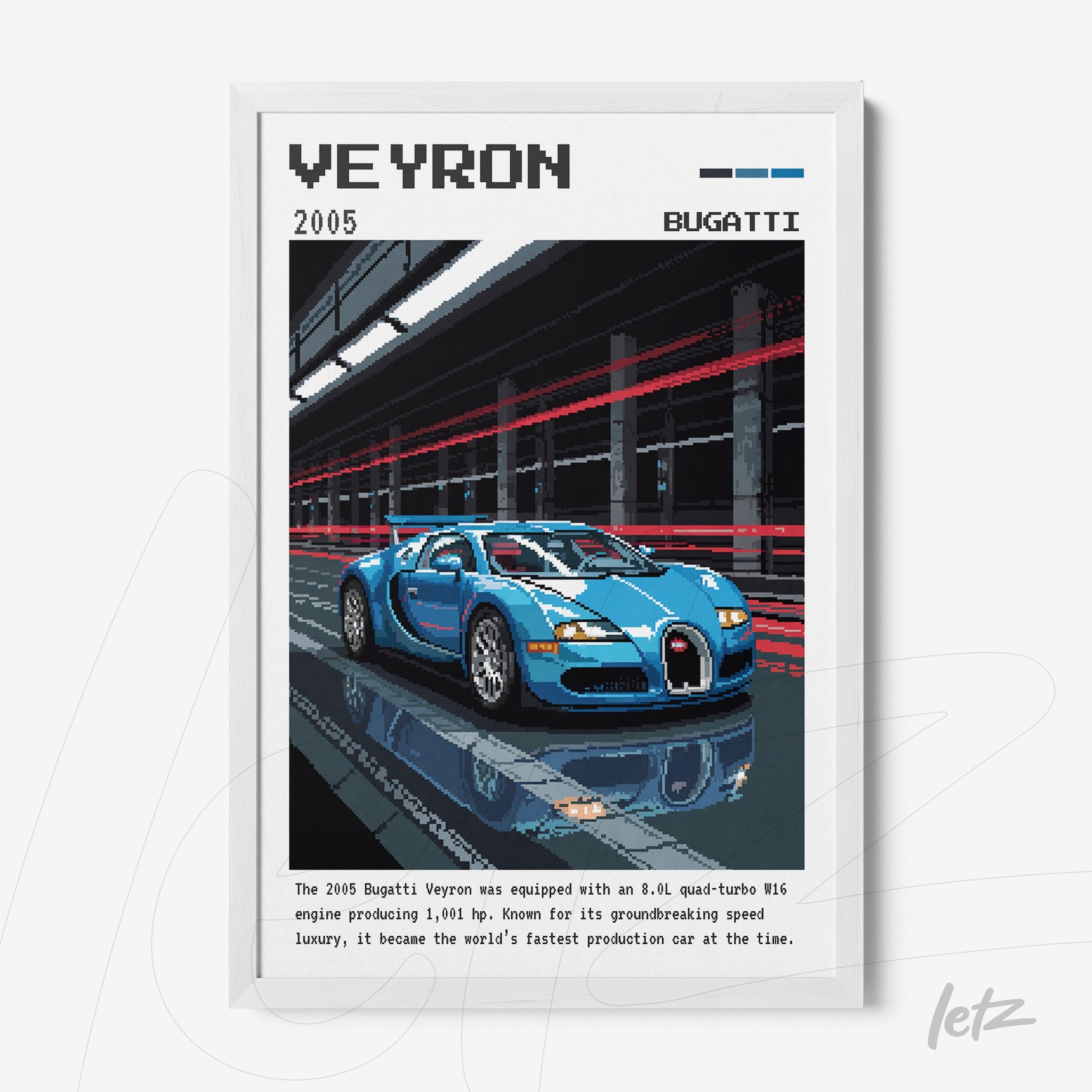 pixel art wall decor of the 2005 Bugatti Veyron in a white frame