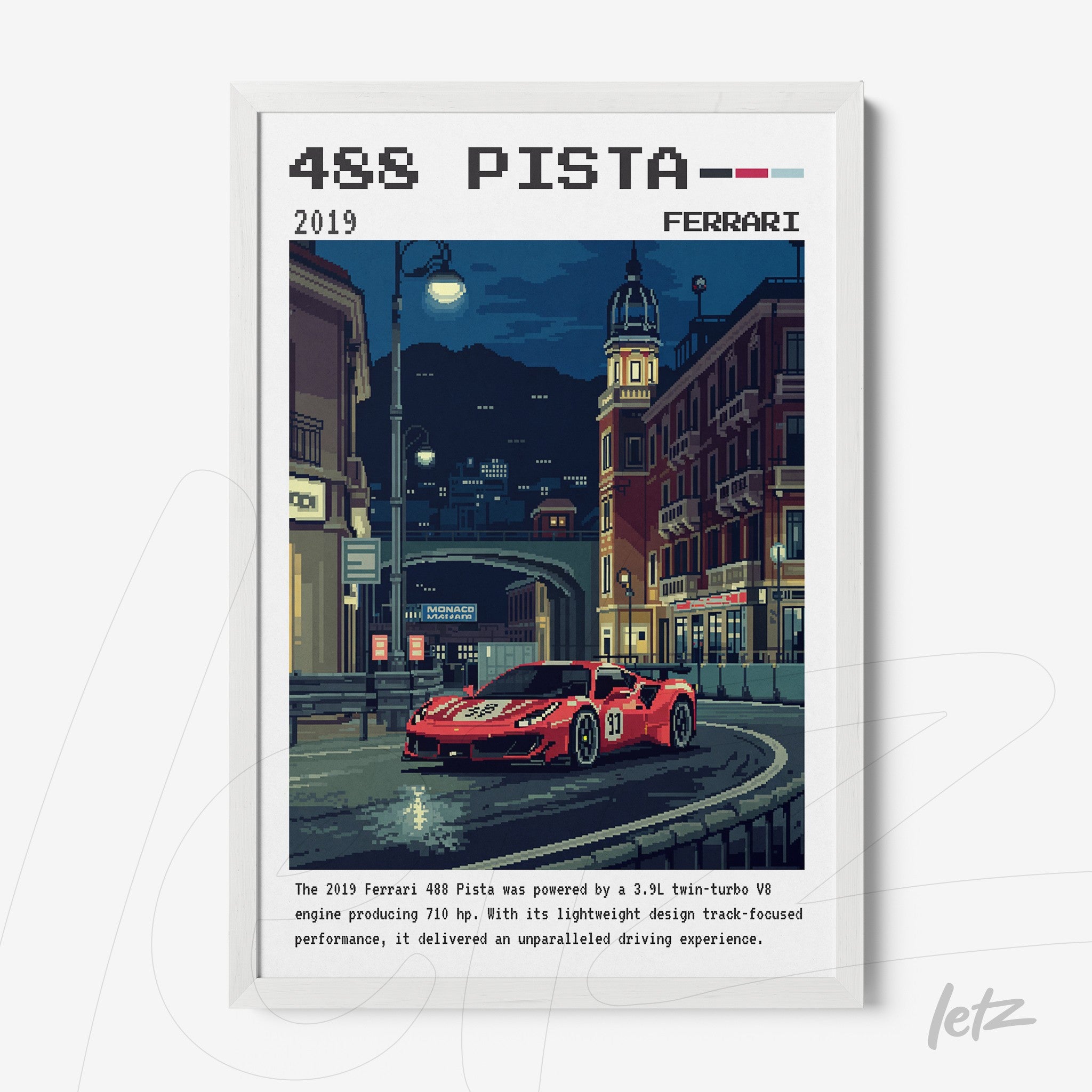 pixel art of a ferrari 488 pista in white frame with an urban night scene
