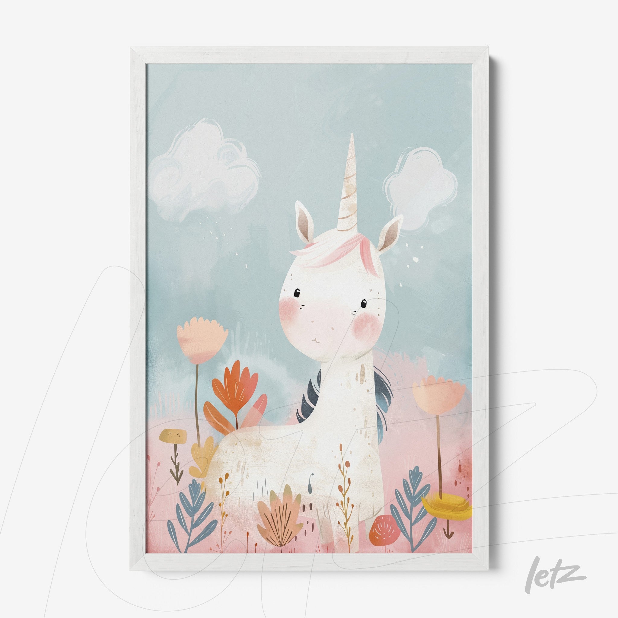 framed artwork featuring a whimsical unicorn illustration against a light blue background with flowers and clouds