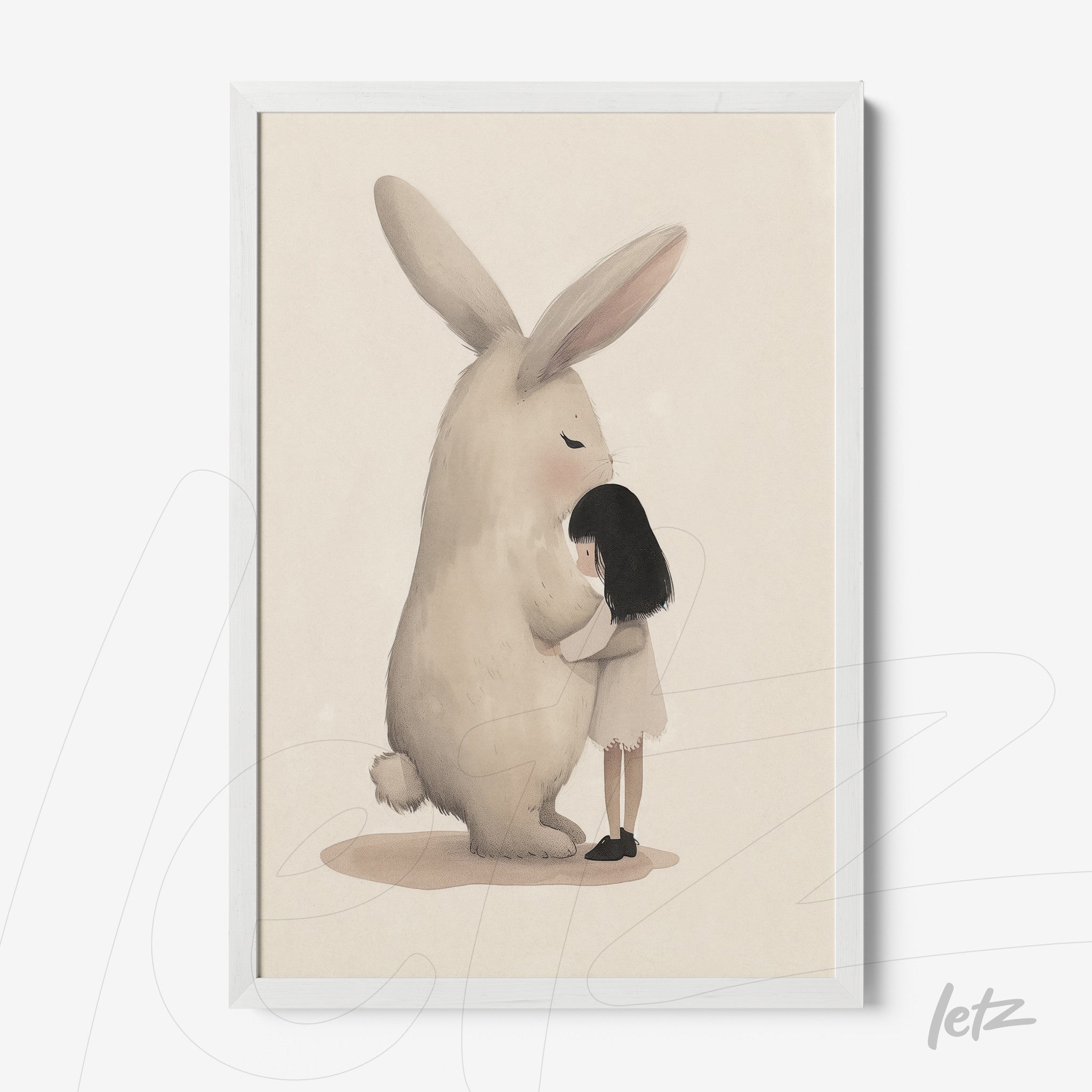 framed artwork featuring a delicate illustration of a girl hugging a large rabbit with a white frame
