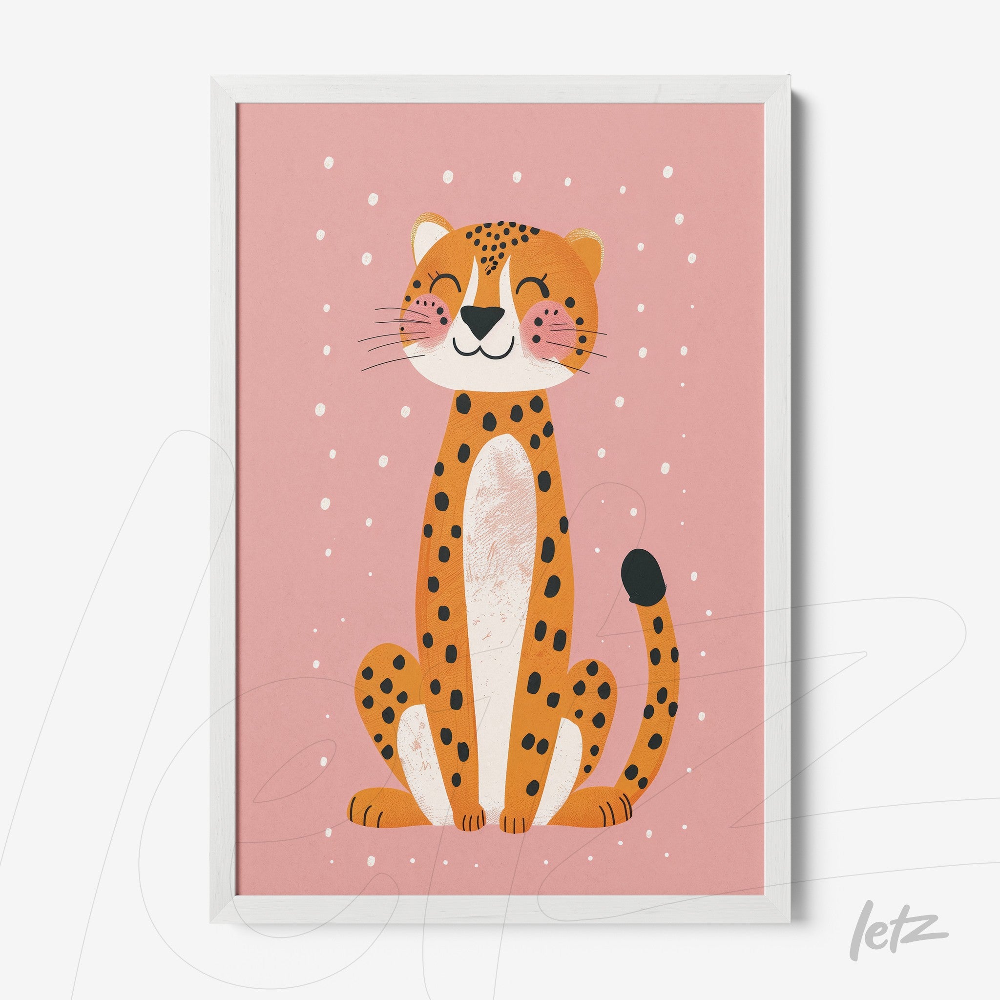 framed artwork of a smiling leopard illustration on pink background with white frame