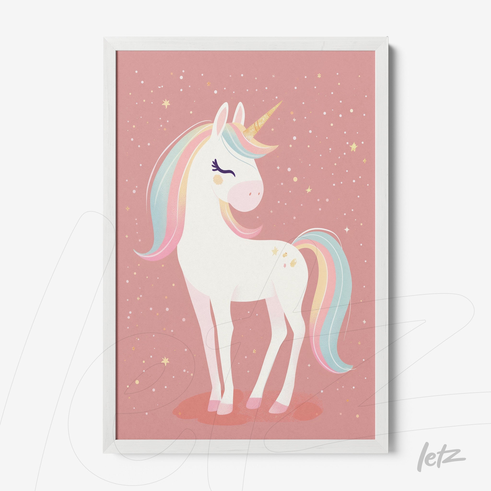 framed wall art featuring a unicorn with a pink background and stars