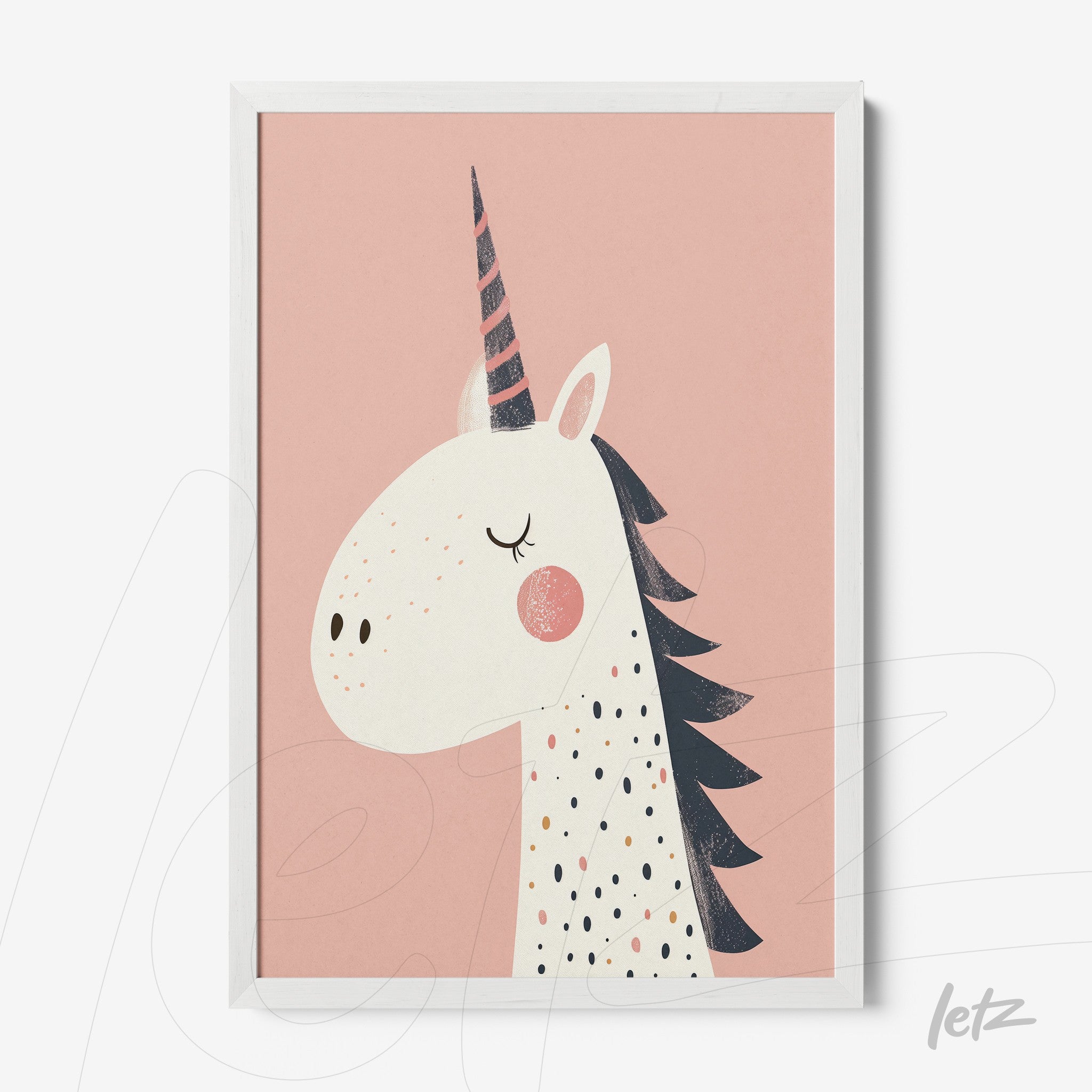 framed artwork featuring a unicorn illustration on a pink background with a white frame