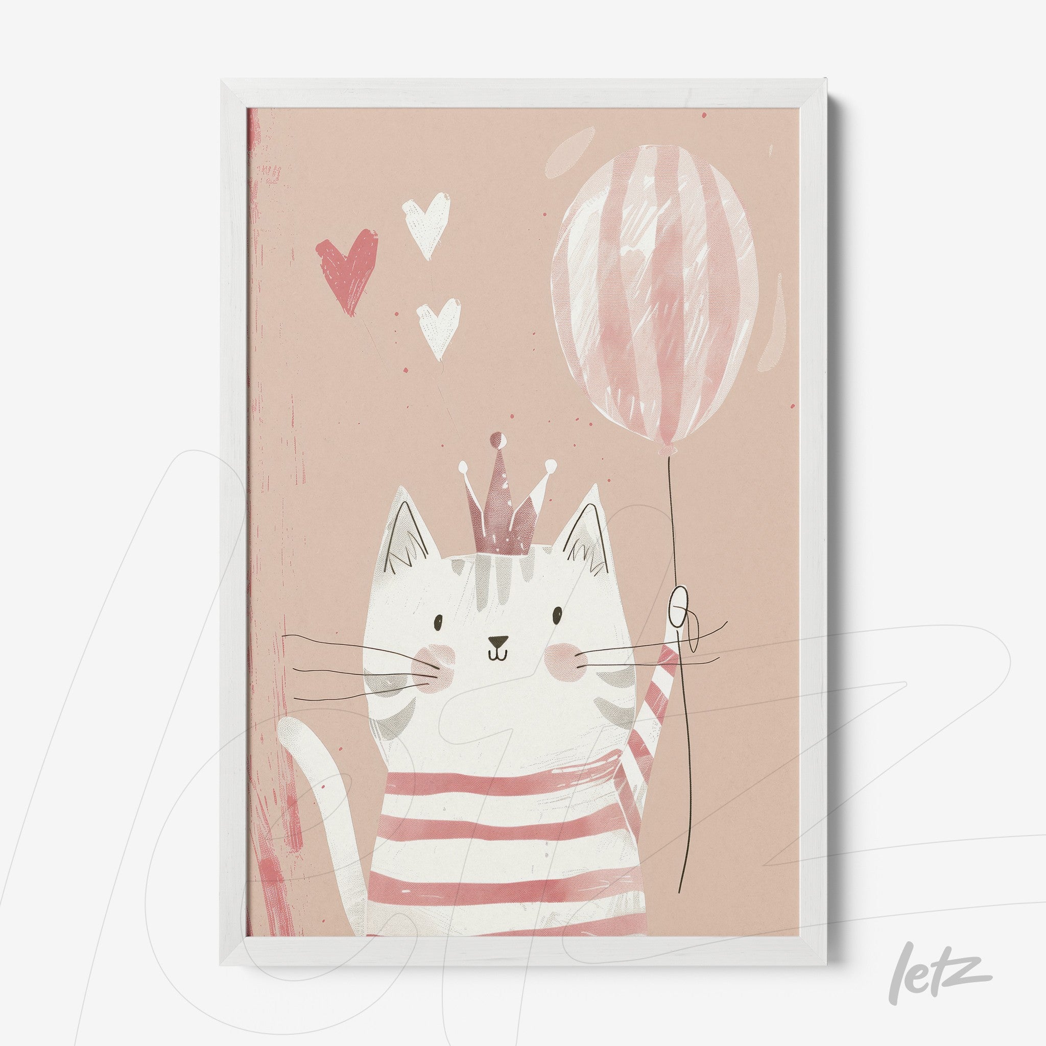 framed artwork of a festive cat holding a balloon, light pink background with hearts