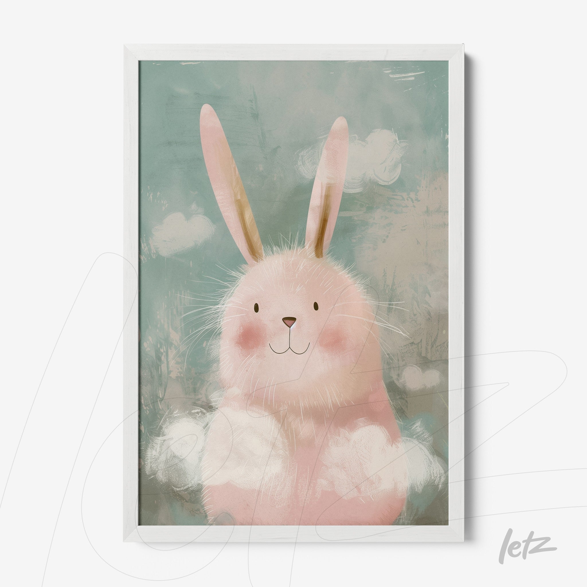 framed digital art of a cute bunny with a light blue background and white clouds