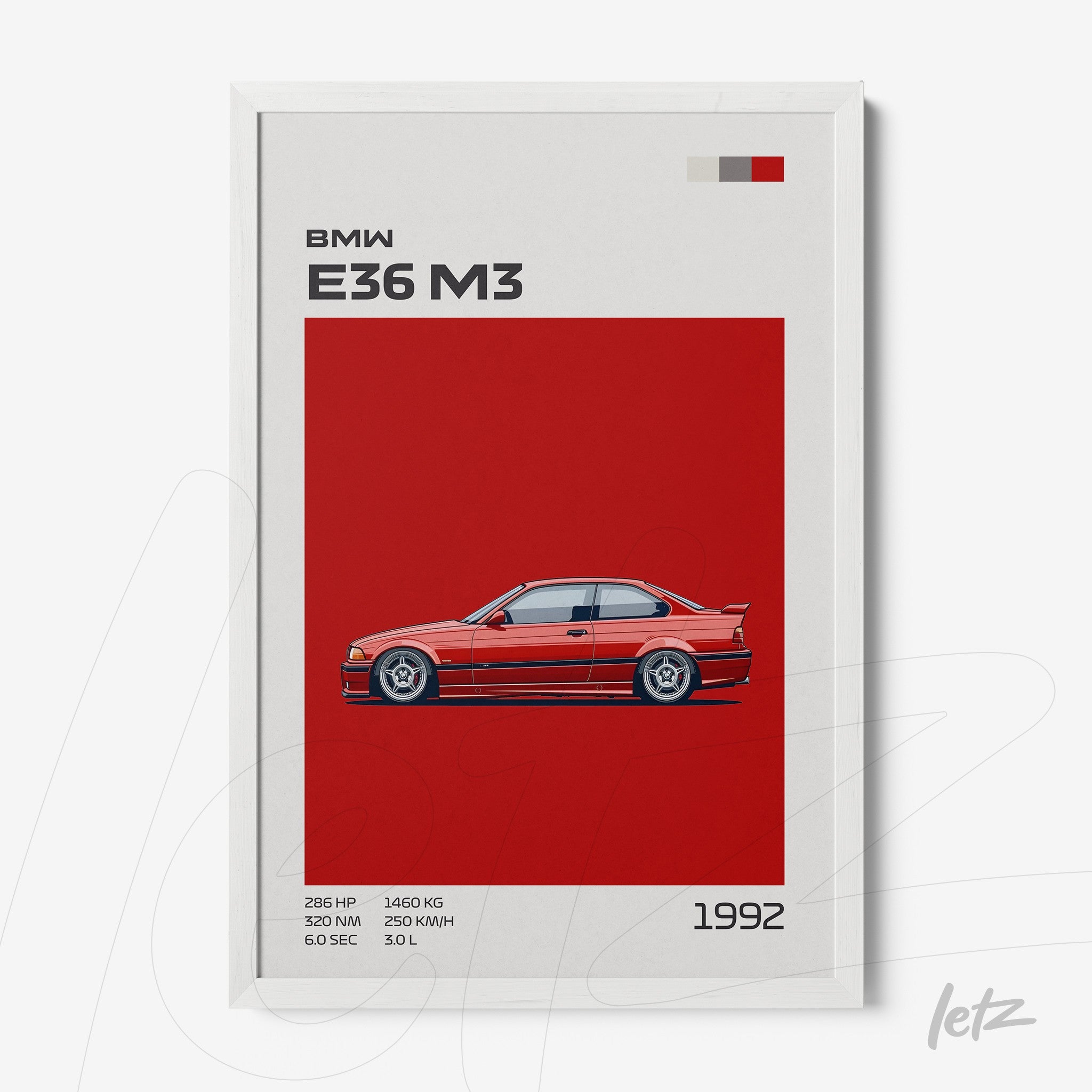 framed artwork featuring a graphic of BMW E36 M3 on a red background with white frame