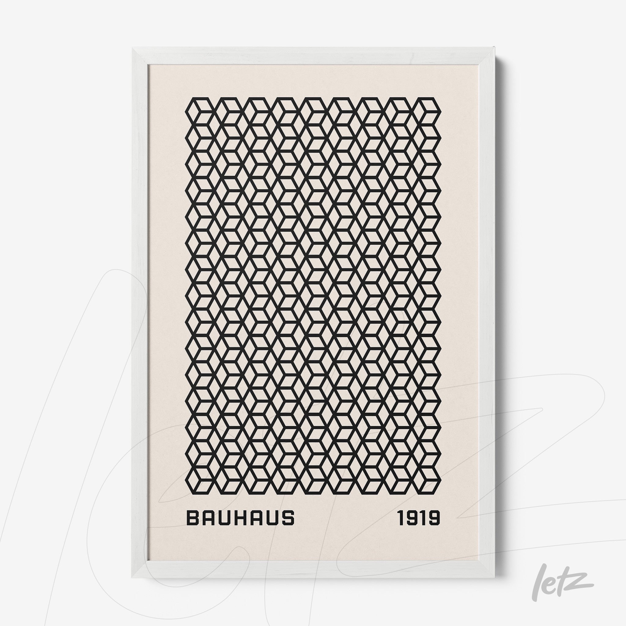 poster with geometric black pattern in Bauhaus style with white frame