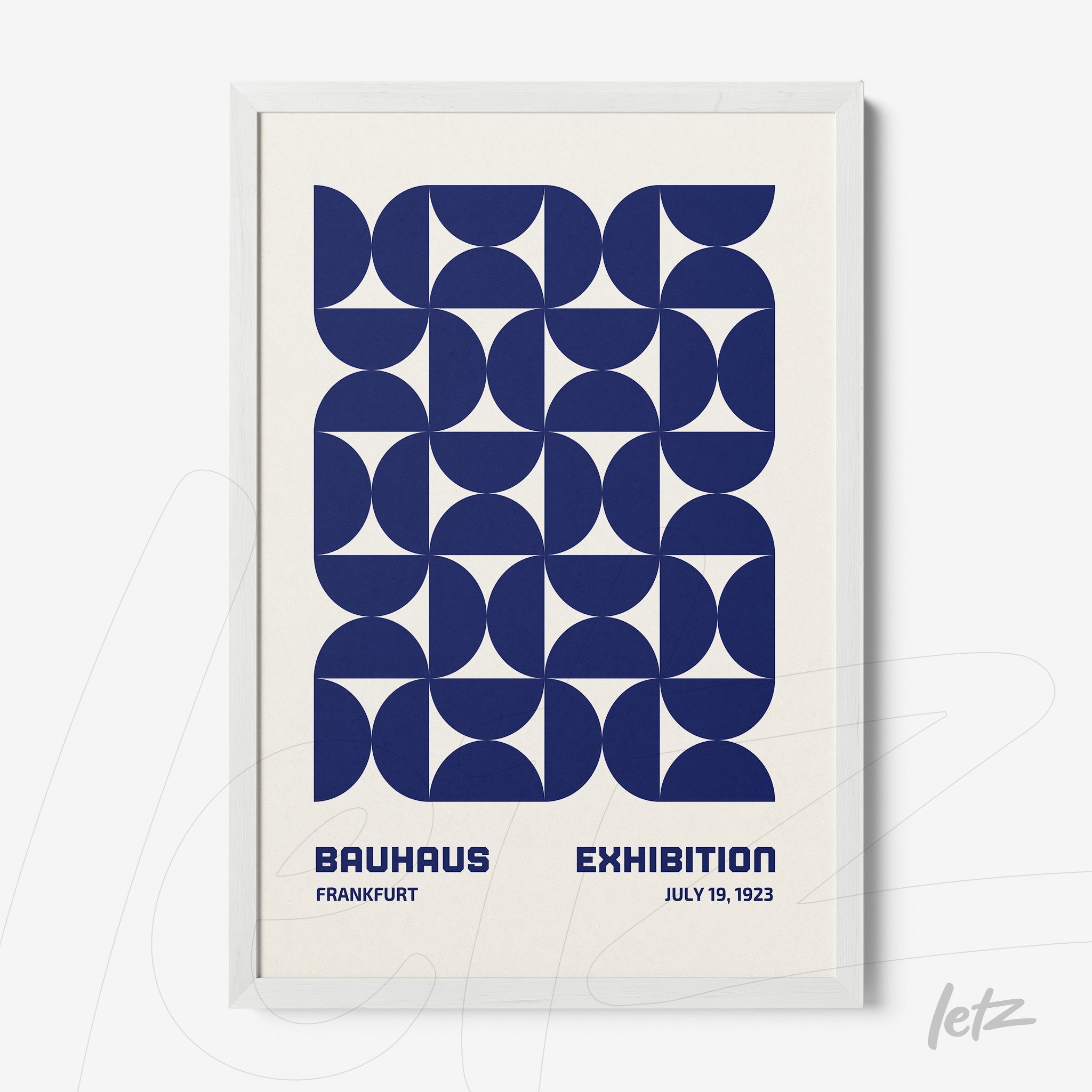 poster print featuring blue geometric art in white frame displaying text bauhaus exhibition frankfurt july 1923