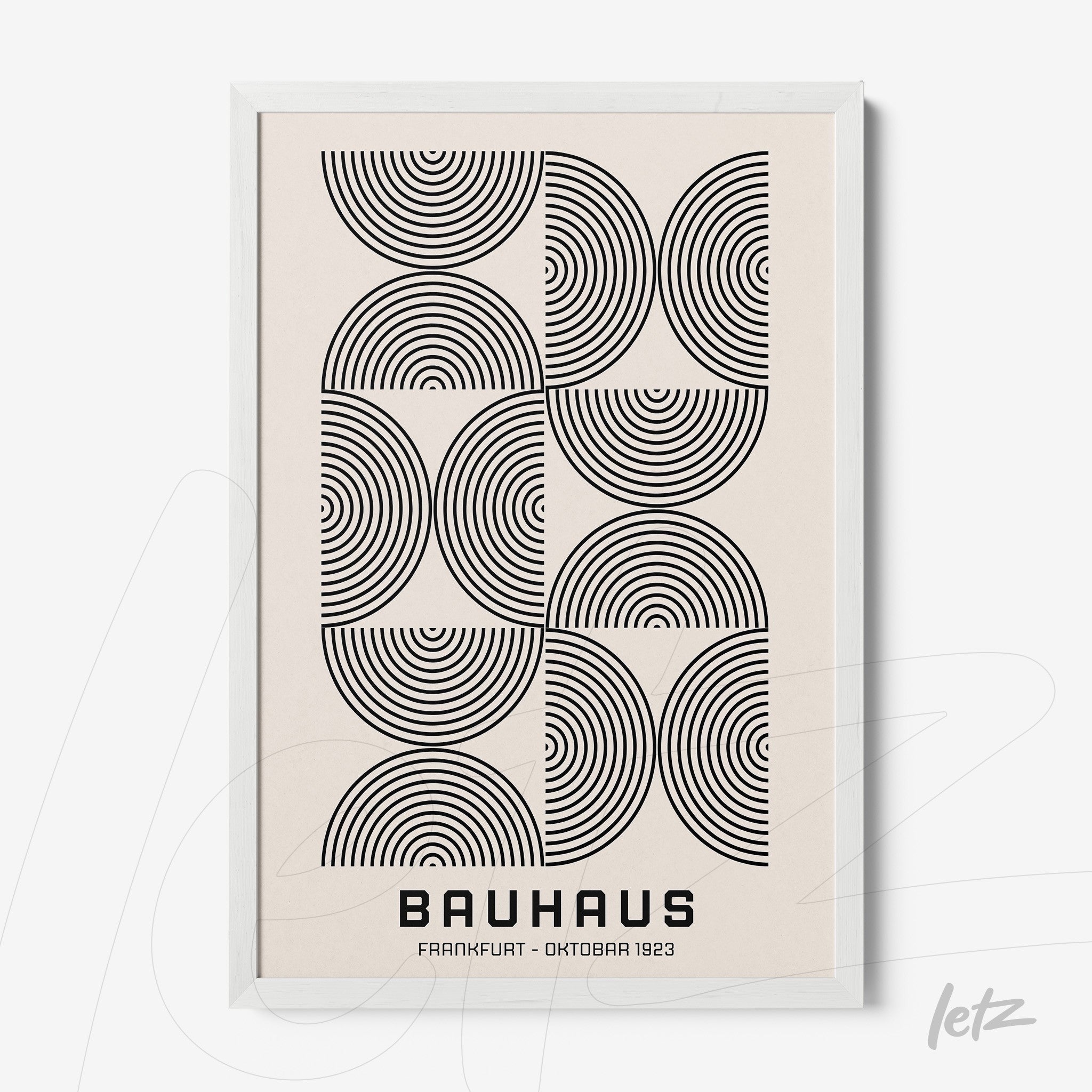 poster print featuring black and white geometric art with concentric circles framed in white