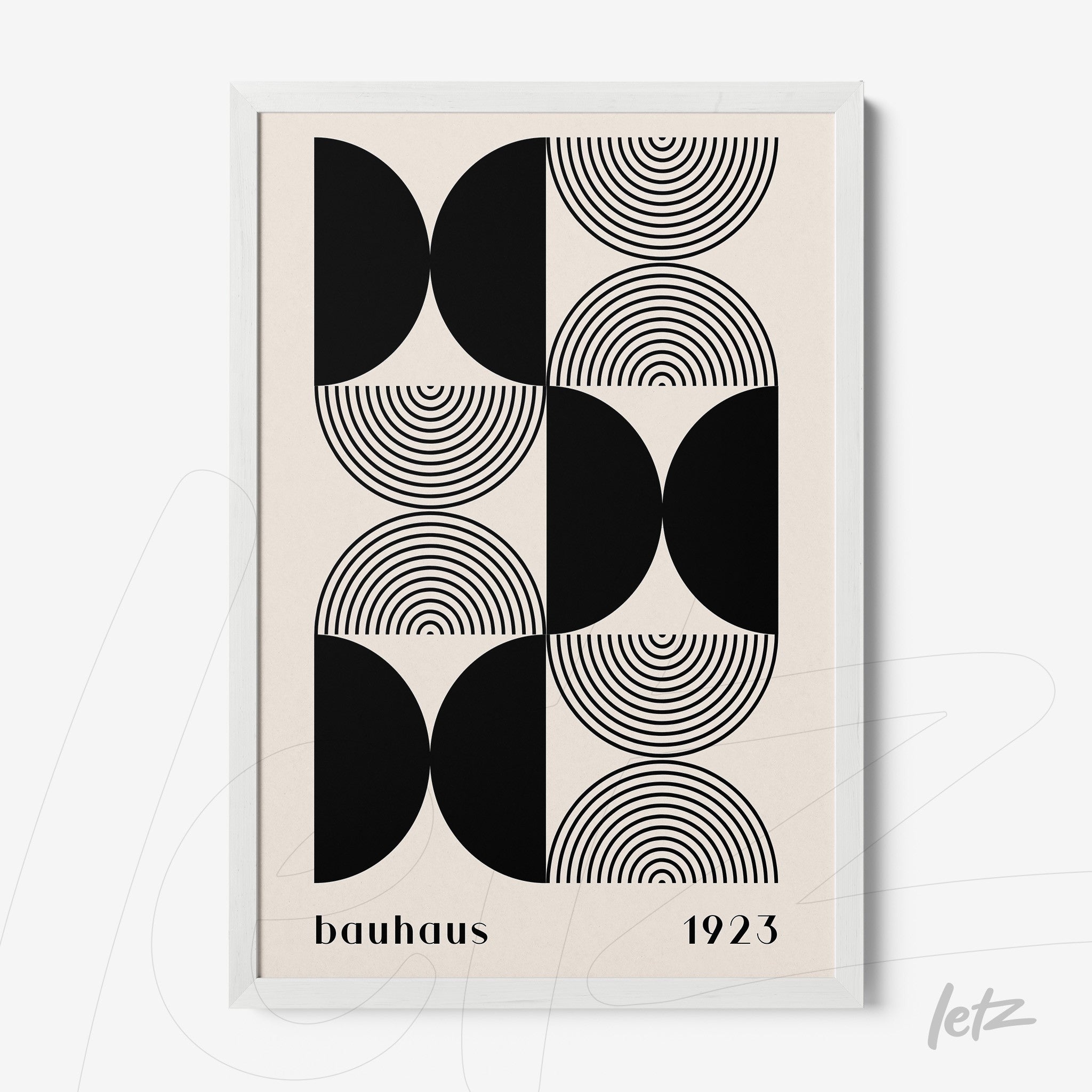 poster featuring black and white geometric illustration in bauhaus style with white frame